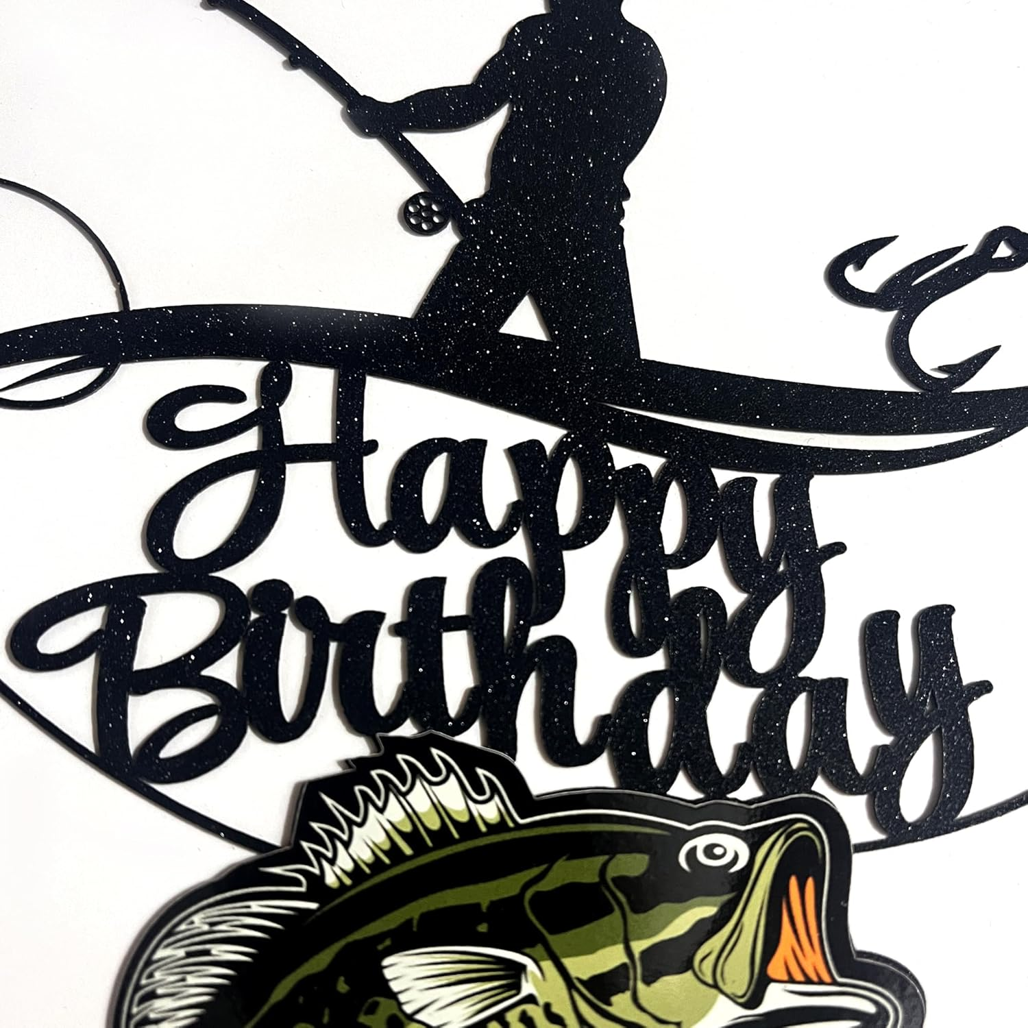 Fisherman Birthday Cake Topper, Angler Shakes His Rod and Catches a Big Fish Cake Topper, Double Sided Glitter image number 4