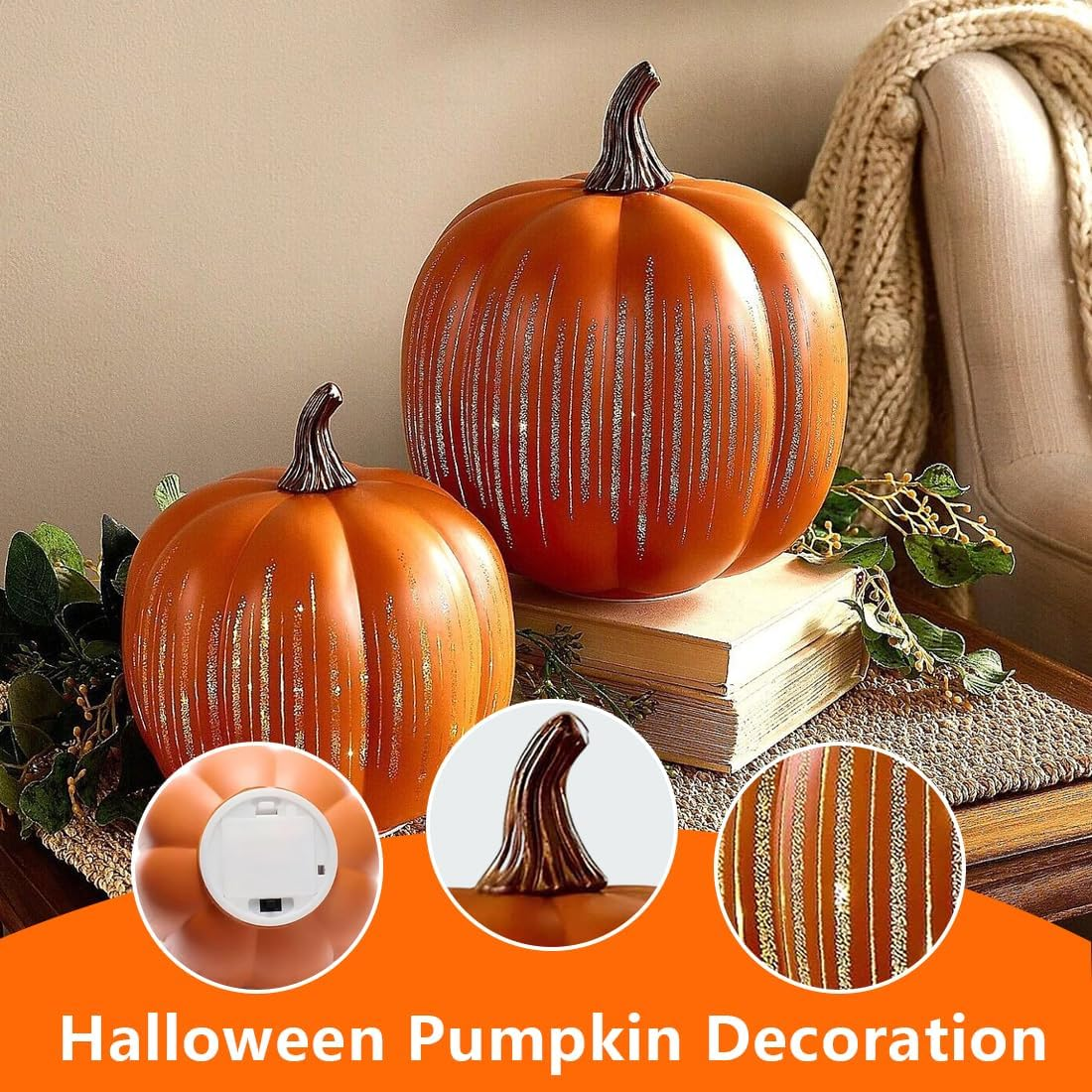 1 Piece Twinkle LED Light Pumpkins Starry Night Pumpkins Timer Illuminated Sparkling Starry Night Glass Pumpkin Light Decorations for Bedroom Hallway Orange image number 3