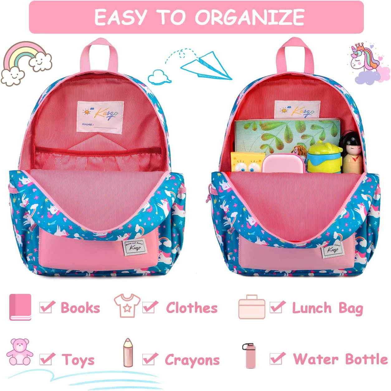 Kasqo Kids Backpack, Water Resistant Lightweight Toddler Schoolbag for Boys Girls Preschool Bookbag with Chest Strap, Age 5-9 Years Old image number 3