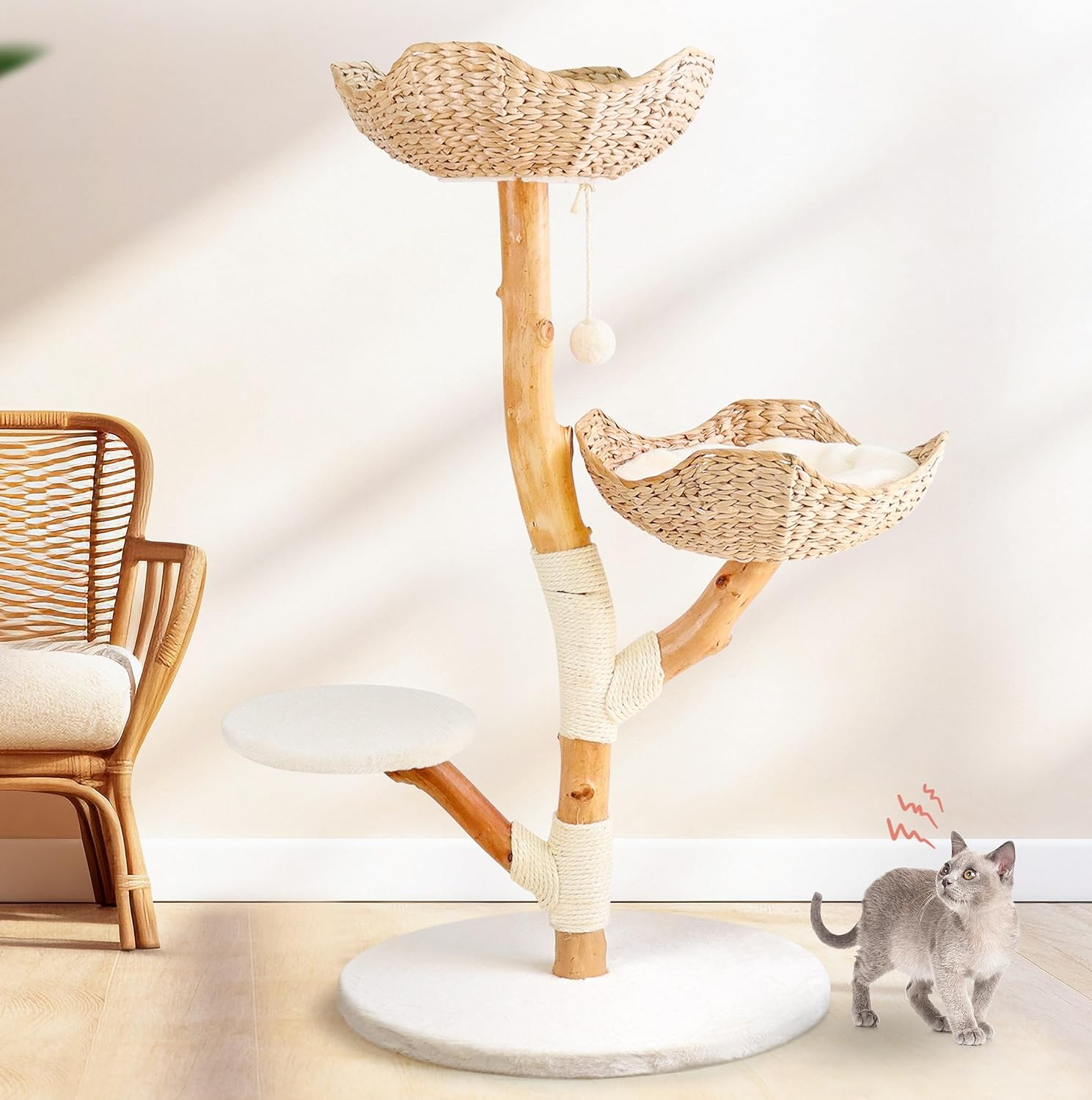 Real Wood Modern Cat Tree Tower for Indoor Cats Large Adult, Heavy Duty Wooden Condo, Kitty Climbing Tower with Scratching Post and Bed, Unique Boho Aesthetic Luxury Pet Furniture by Leo & Lexi image number 6