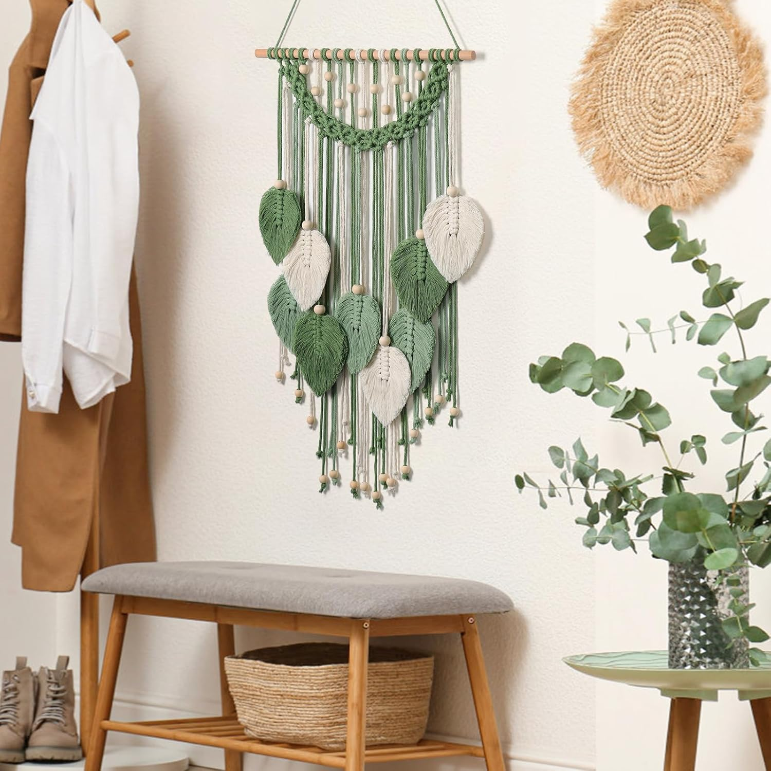 Weldomcor Macrame Wall Hanging Boho Leaf Woven Tapestry, Bohemian Chic Home Decor Modern Handmade Leaves Feather Wall Art Decorations for Bedroom Living Room Apartment Ornament (Green)