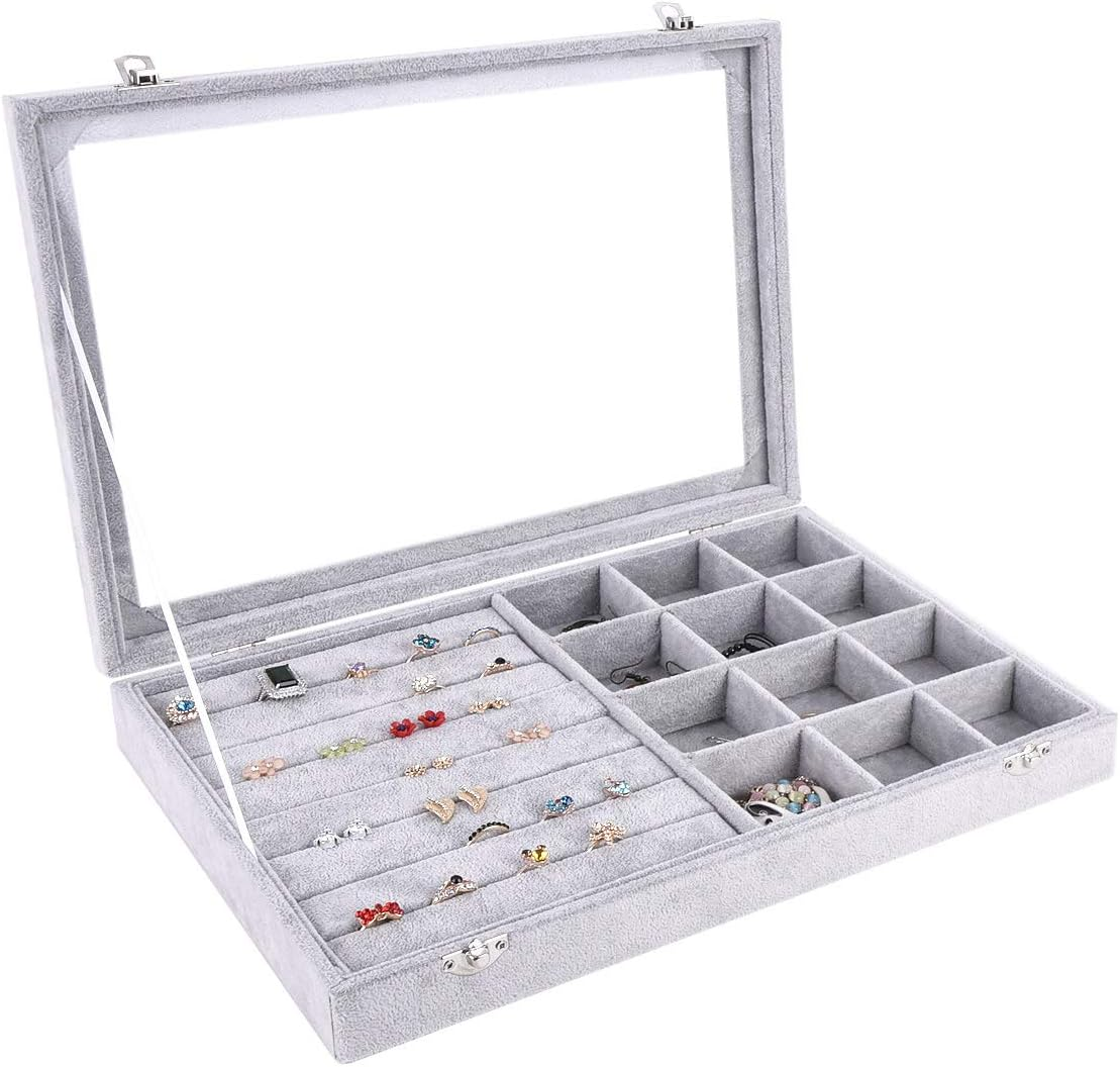 AUTOARK Ice Velvet Clear Lid 12 Grid Jewelry and 7 Slots Jewelry Rings Earrings Tray Showcase Display Organizer,Aj-026 image number 2