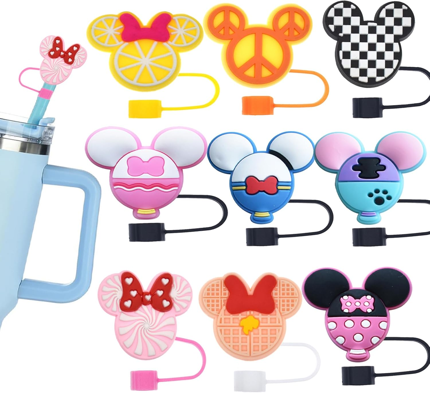 9 Pcs Silicone Straw Covers Cap for Stanley 20 30&40 Oz Cup,10Mm Diameter Different Cute Mouse Ears Straw Toppers for Stanley 40Oz Tumbler, Dust-Proof Straw Caps for Water Bottle (Cute Micke) image number 1