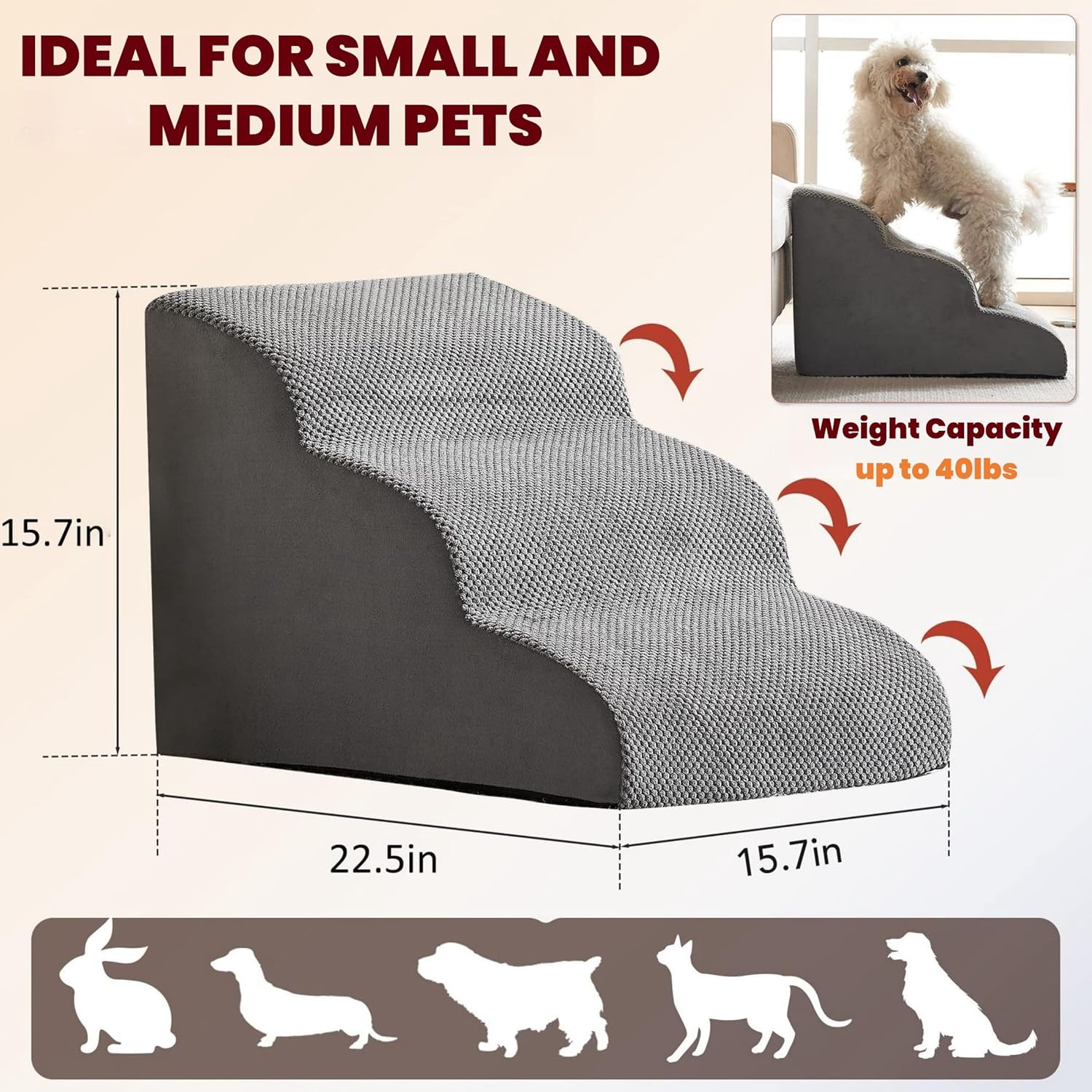CHIEFAWAY Dog Stairs Ramp, 3-Tiers Dog Steps Suitable for Beds and Couches, Non-Slip Pet Steps with Waterproof Fabric Cover, Removable Indoor Dog Slope Stairs for Small Dogs and Cats