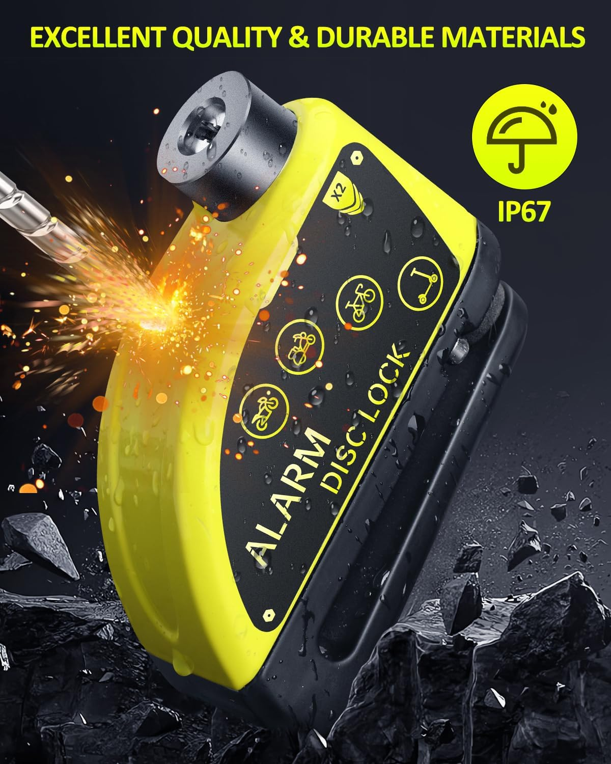 ONVIAN Rechargeable Motorcycle Lock with 6FT Steel Wire Anti-Theft Cable, 120Db Motorcycle Alarm with Rest Mode, for 7Mm Pin Ebike Electric Scooter Motorcycle Moped Disc Brake (Lemon Yellow)&hellip; image number 4