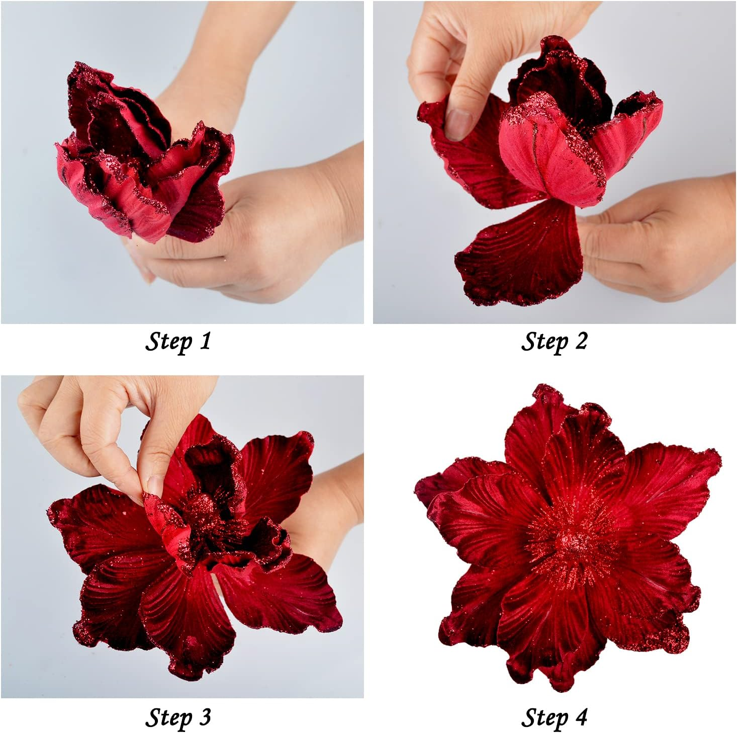 Gl-Turelifes Glitter Christmas Flowers White Large Velvet Magnolia Artificial Floral Ornaments Pack of 6 Folded Flower for Christmas Tree Decoration Wreath Decor Wedding Centerpiece image number 5