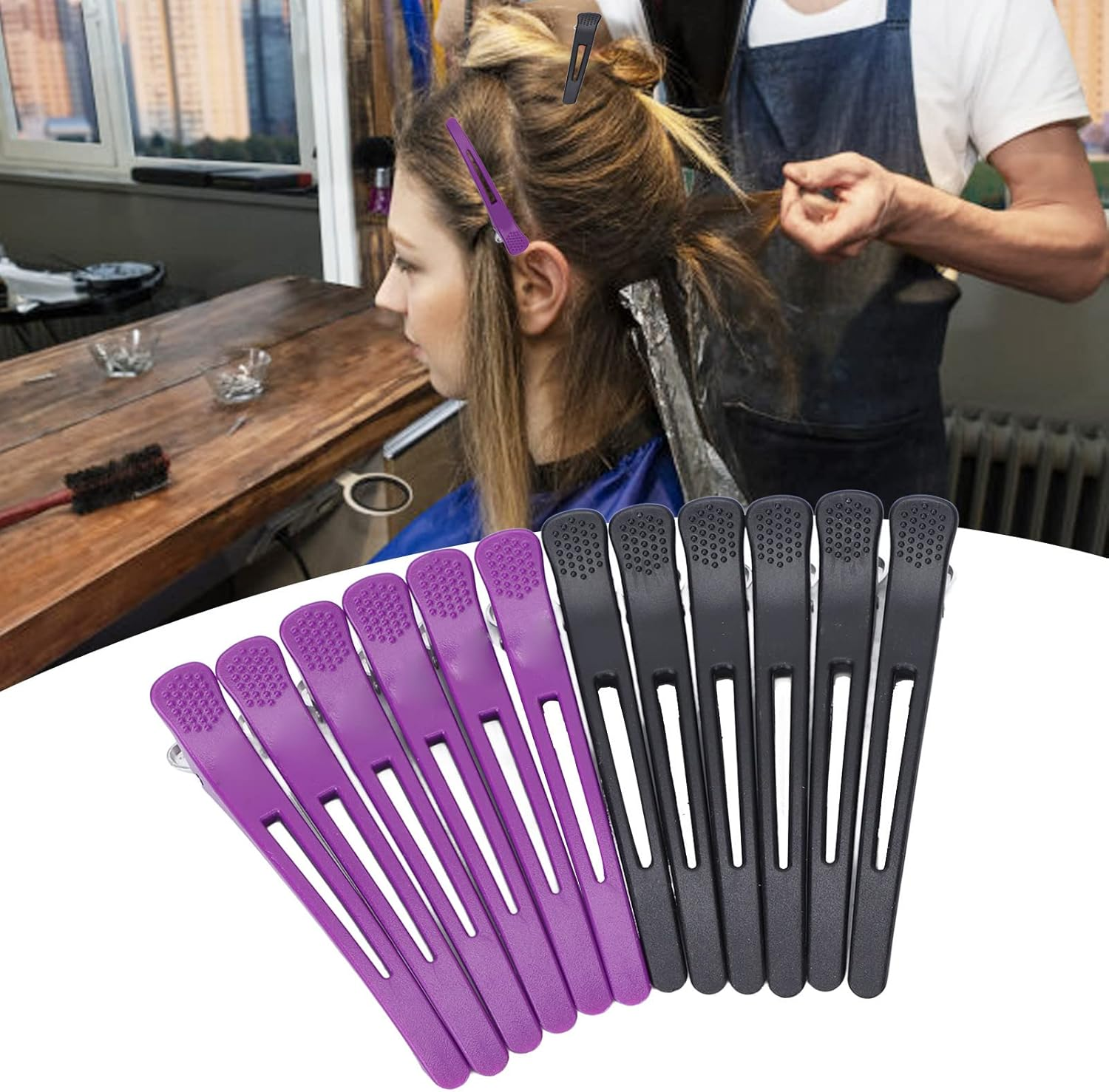Pack of 12 Duckbill Clips, Hair Clips for Styling Cuts, Non-Slip Long Hair Clips with Silicone Band, Clips for Hairdressers (Black, Purple) image number 2