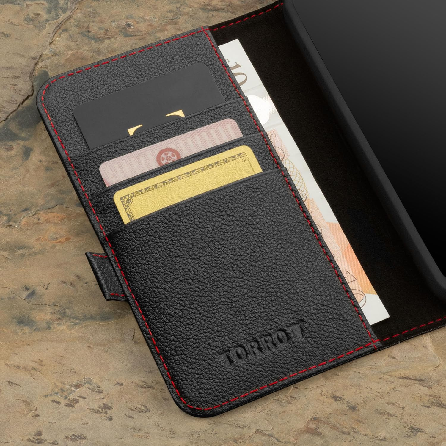 TORRO Case Compatible with Samsung Galaxy S24 5G &ndash; Premium Leather Wallet Case with Kickstand and Card Slots (Black with Red Detail)
