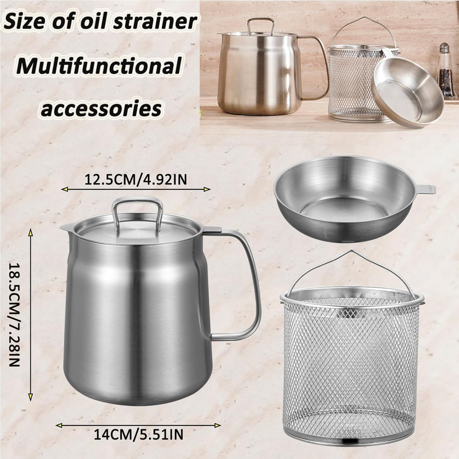 2L Stainless Steel Oil Filter Pot with Deep Fryer Basket - Kitchen Large Capacity Versatile Oil Strainer Vessel and Bacon Grease Saver for Cooking Grease (2.0L) image number 5