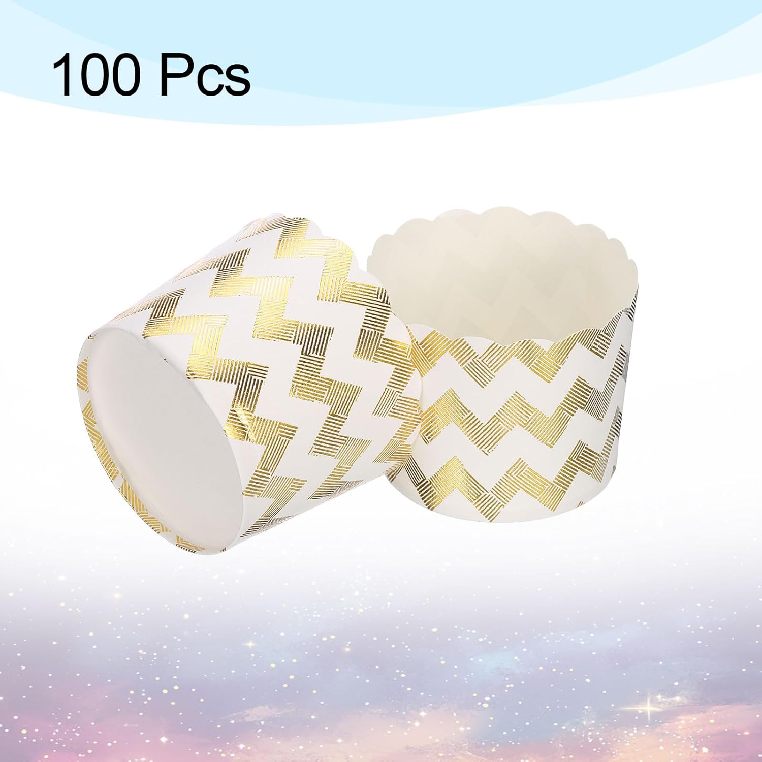 HARFINGTON 100Pcs Paper Baking Cups 6Oz Cupcake Wrappers Scalloped Muffins Cases Liners Disposable Greaseproof Containers for Birthday Party, Gold Wave image number 1