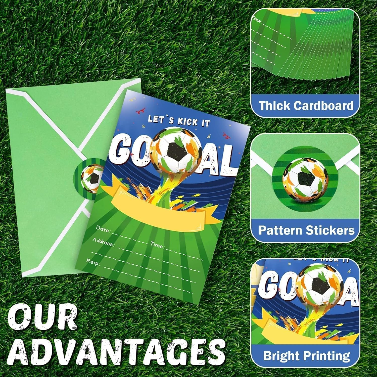 WERNNSAI 24 Set Soccer Birthday Invitations with Envelopes - Soccer Ball Birthday Party Supplies for Kids Boys Football Sport Blank Party Invites Cards with Goal Stickers for Baby Shower Celebration image number 3