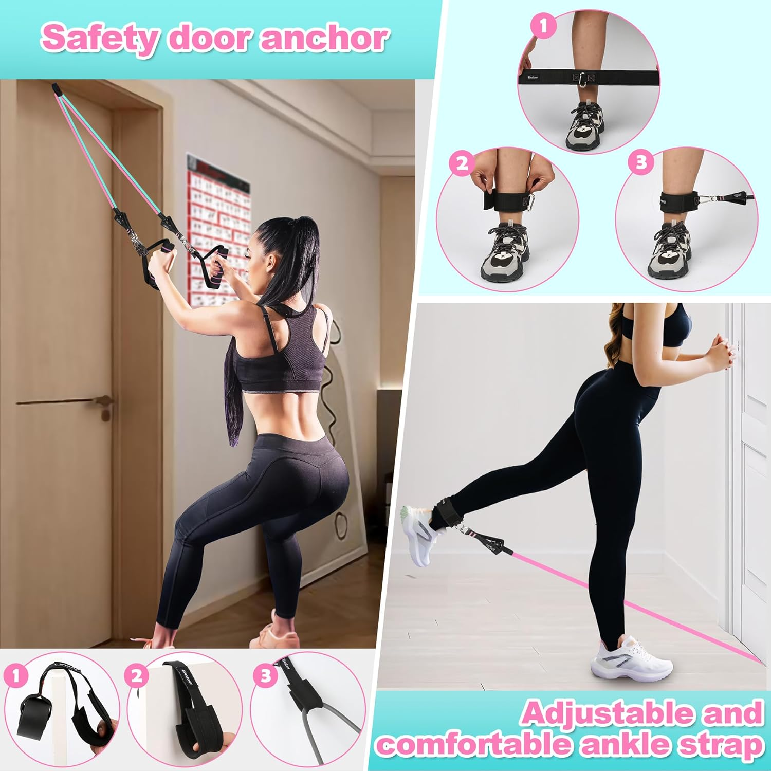 Resistance Band Set. Exercise Bands with Handles, Door Anchor and Ankle Strap. Home Gym, Supports Full-Body Workouts - with Fitness Poster and Video