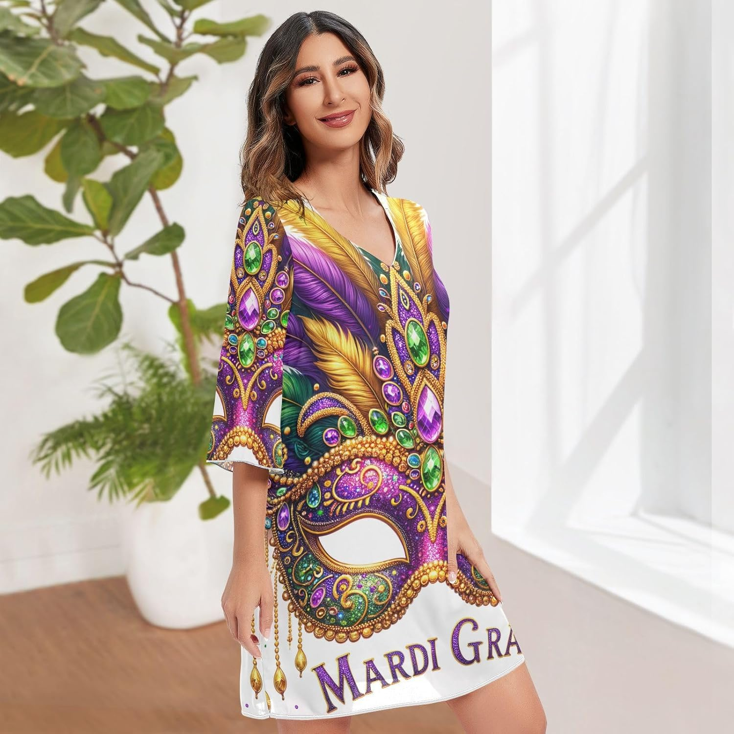 Beautiful Mardi Gras Mask Short Chiffon Dress Printed Chiffon Line Maternity Dress image number 2