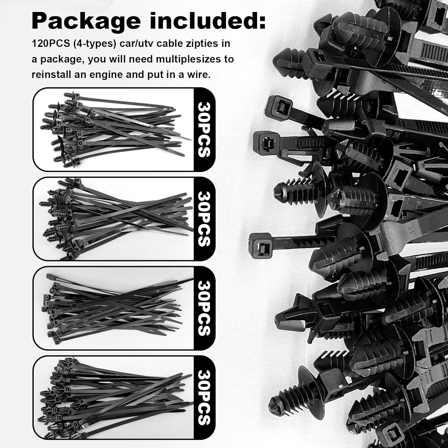 120Pcs Universal Nylon Push Mount Cable Zip Tie, Nylon Self Locking Cable Strap Compatible with Cars Boat Trailer Polaris UTV Side by Side Jeep Wrangler Engine Bay Wire Harness Restraint Ties image number 4