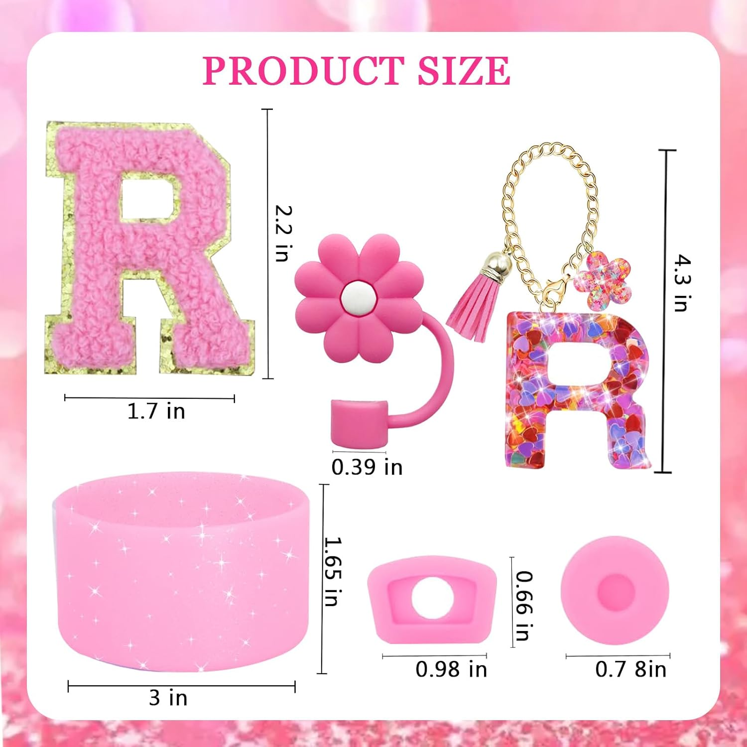 6PCS Cup Accessories Set for Stanley Cup 30Oz 40Oz Tumbler with Handle, Including Silicone Straw Topper Cover Cap and Boot, Spill Proof Stopper, Handle Charm, Initials Sticker(Pink) (Pink R)