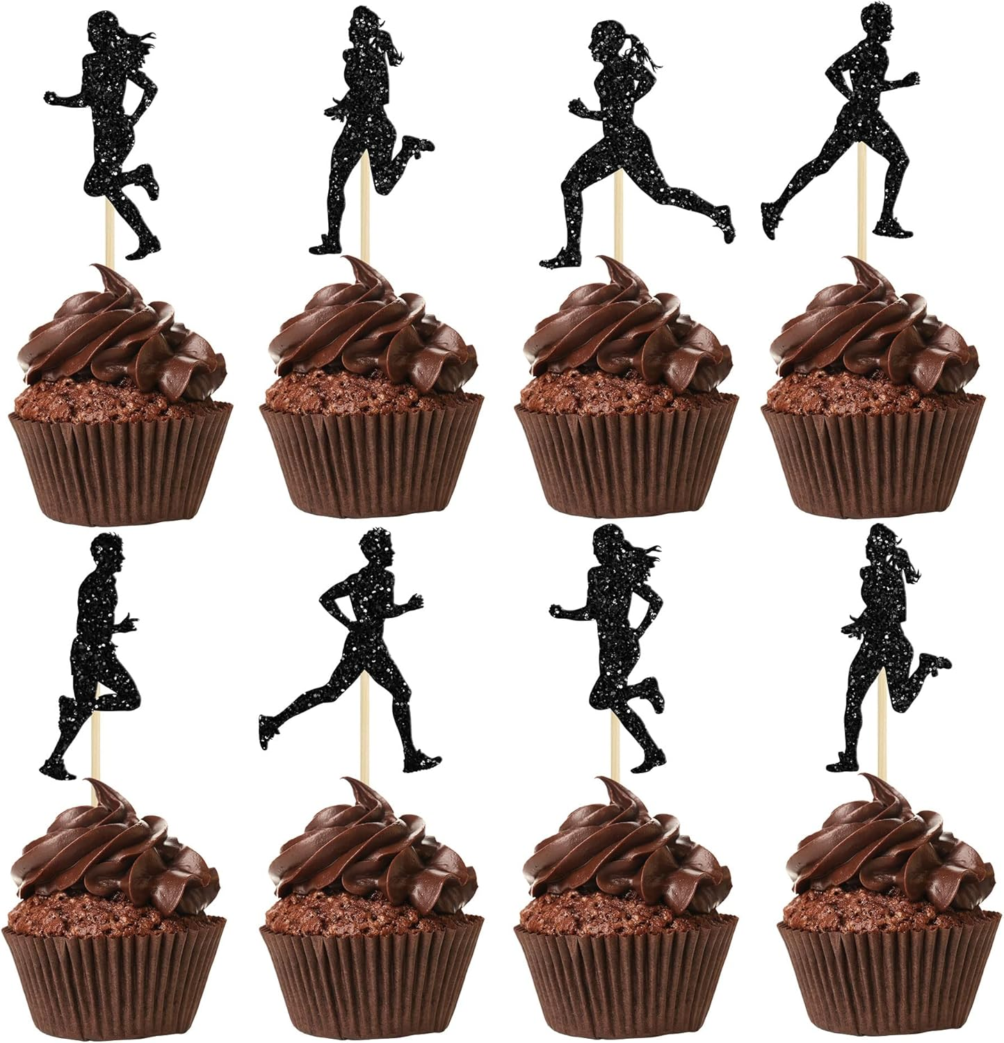 24Pcs Running Cupcake Toppers Black Glitter Sports Fitness Cupcake Picks for Running Theme Boys Girls Birthday Party Cake Decorations Supplies