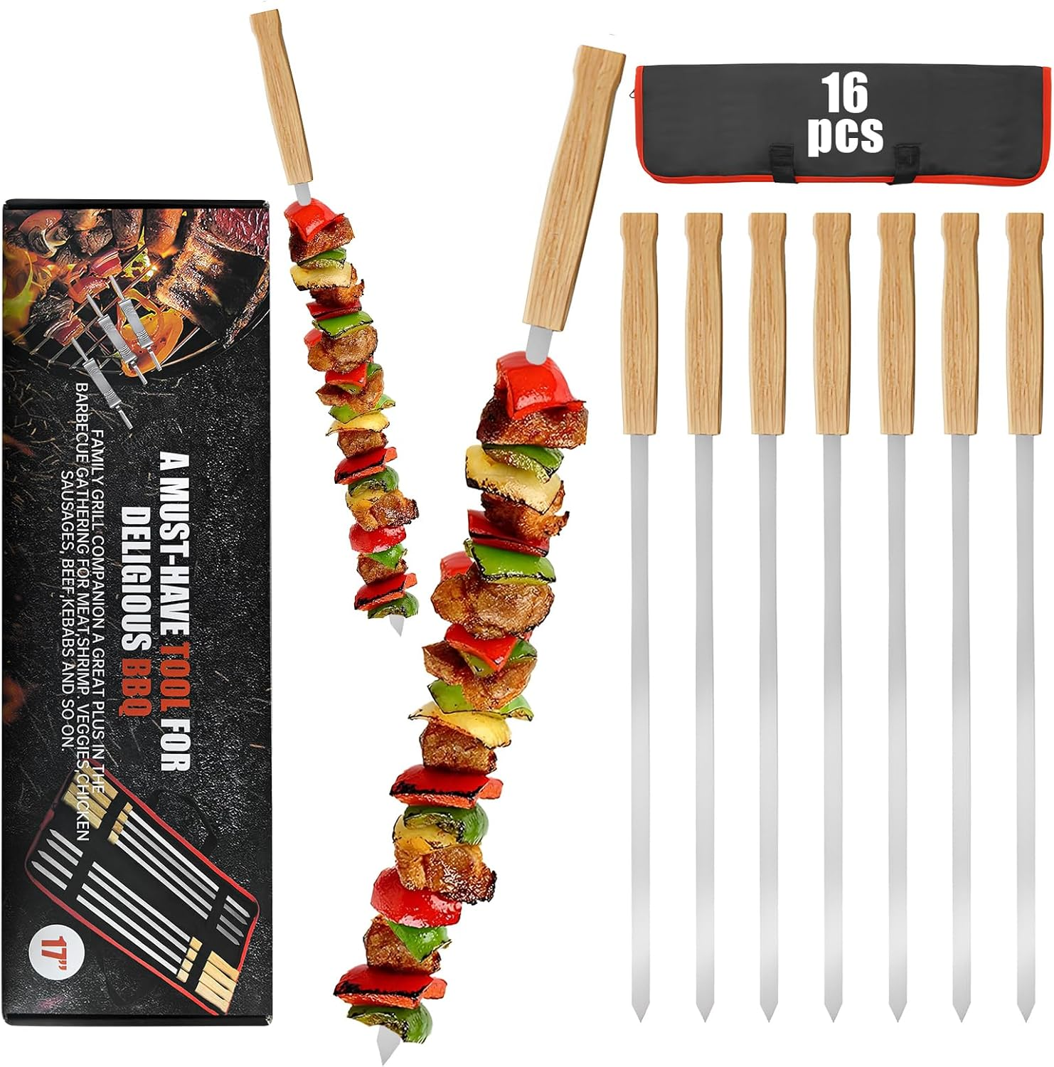 Professional Kabob Skewers, 23 Inch Heavy Duty Large Wide Reusable BBQ Barbecue Skewers, Stainless Steel Sticks with Nonslip Wooden (Flat-12 Pcs)