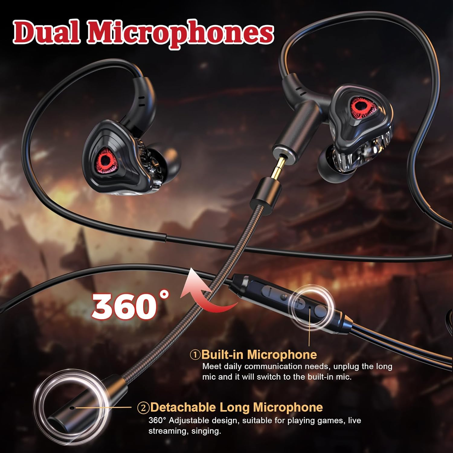 Gaming Earphones, 3.5Mm Wired Earbuds, Stereo Gaming Earbuds, PC Headset In-Ear Hearphones with Detachable Microphone & Volume Control for PC, Laptop, Phone image number 1
