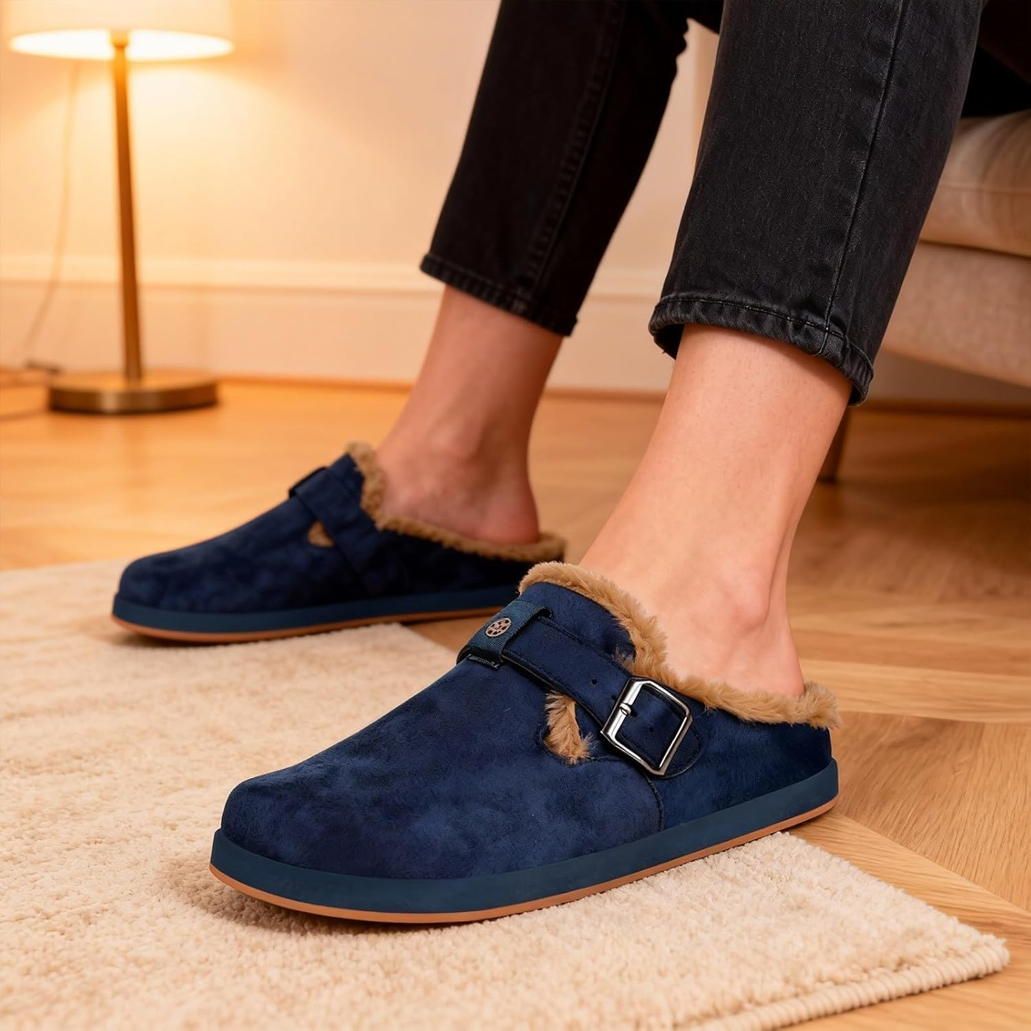 Fur Lined Clogs for Women Men Suede Winter Slippers Arch Support Slip on Mules Potato Shoes with Removable Cushion Footbed Warm Home House Shoes, Deep Blue, 7.5 Women/6 Men image number 1