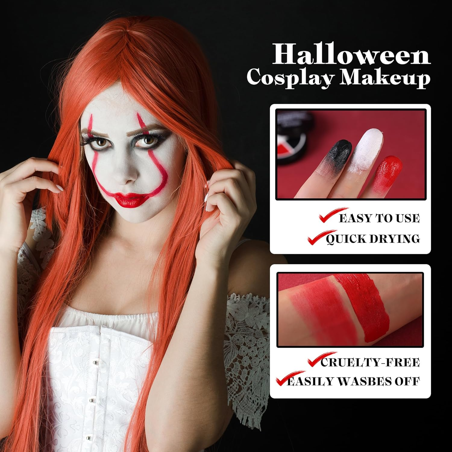 VANERIA Clown Makeup Halloween, Black White Red Cream Face Body Paint for Halloween, SFX Makeup Set with Vampire Teeth & Fake Blood, Clown Art Theater with Brushes image number 6