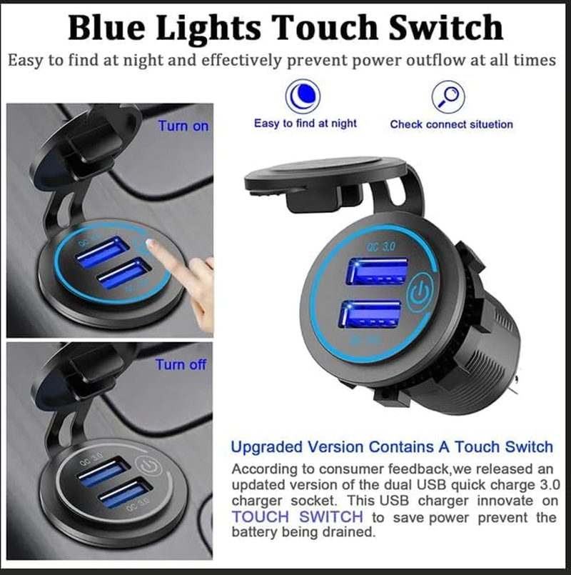[2 Pack] Quick Charge 3.0 Waterproof Dual USB Charger Socket with Touch Switch, 12V/24V Fast Charging Outlet for Car, RV, Boat, Motorcycle, Truck image number 4