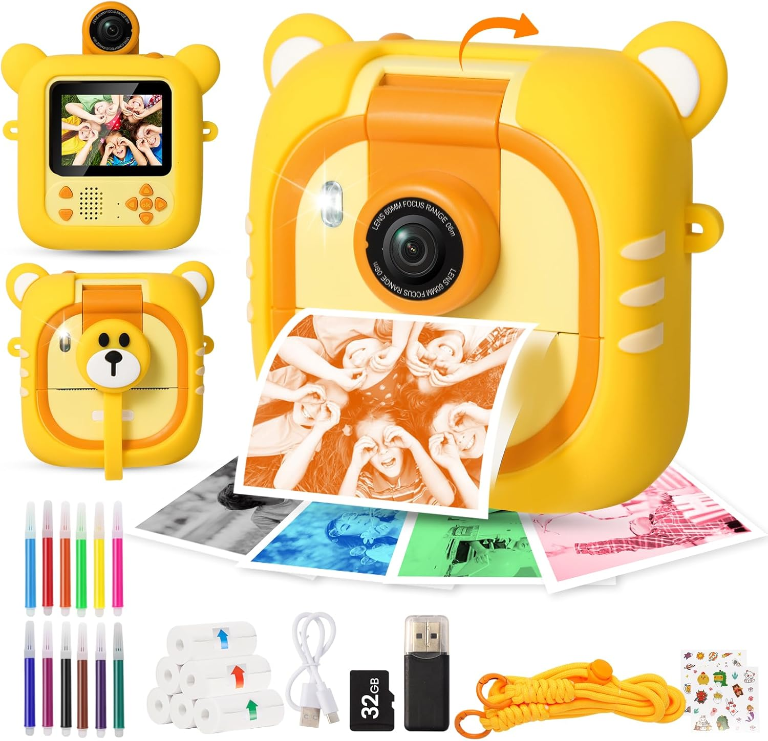 ARNSSIEN Kids Camera Instant Print, 7 Print Paper (4 Color: O/R/G/B+3 B&W), 2.4" Screen Instant Camera for Kids Ages 3-12,1080P, 180&deg;Flip Lens,32Gb Card- Christmas Birthday Present for Boys & Girls,M2