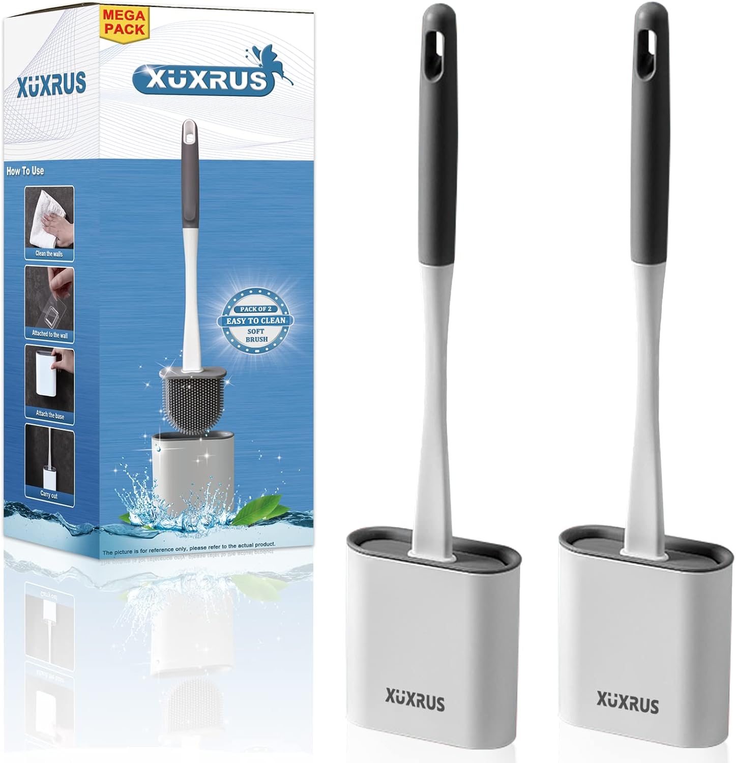 XUXRUS Silicone Toilet Brush with Quick Drying Holder Set -2Pack, Bathroom Toilet Brushes Set with No-Slip Silicone Handle & Anti-Drip Base (Flooring/Wall Mounted) -White image number 3