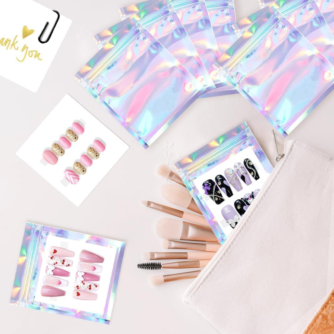 100PCS Empty Holographic Nail Storage Bag, Press on Nail Packaging Bag and 100PCS Shiny White Cardboard with 1 Roll Transparent Tape for Fake Nail Display Storage Organizer Handmade Nails Business image number 2