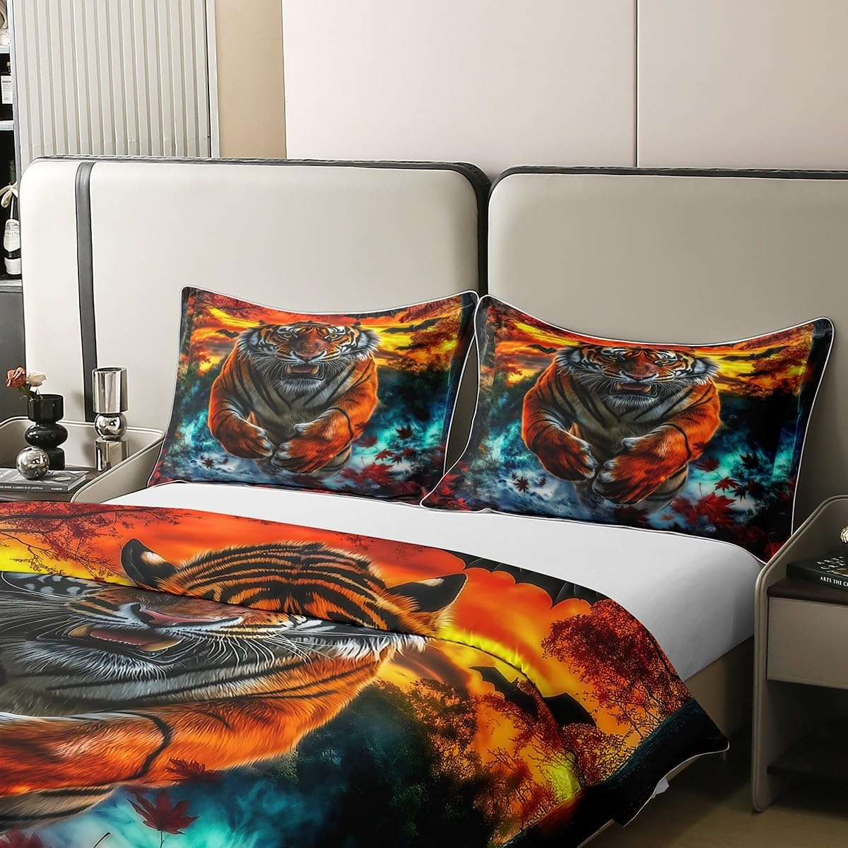 Tiger 100% Cotton Duvet Cover, Wild Animal Tiger Bed Linen Set, 155 X 220 Cm, Wild Animal Print Comforter Cover, Western Farm Red Maple Leaves Room Decor with 1 Pillowcase, Blue Orange Bed Set image number 6