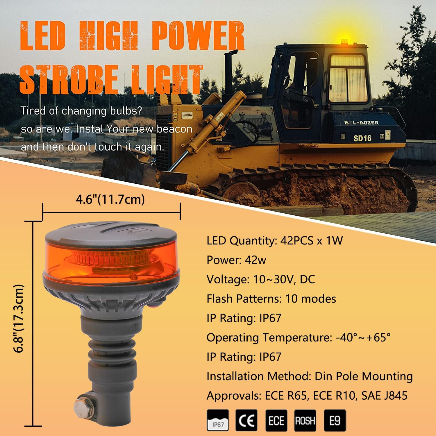 Monirf 42 Leds Amber Tractor Beacon Lights, 4.6Inch Pole Mount Amber Strobe Lights, 12-24V Plow Truck Tractor Emergency Strobe Lights, 10 Modes Flashing Safety Warning Lights for Trucks Tractors image number 2