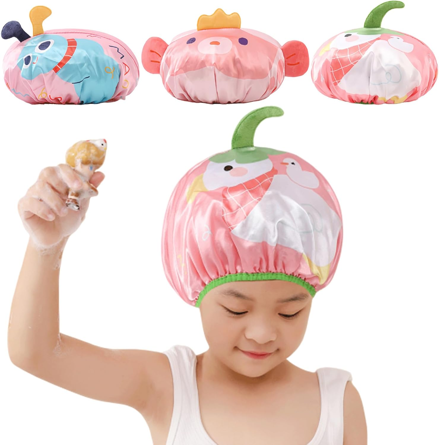 3PCS Kids Shower Cap, Funny Cute Cartoon Bath Hat, Girls Shower Cap for Kids Reusable Waterproof Adjustable Cap Design with Pufferfish, Bug, Duck Cute Hair Cover Hat