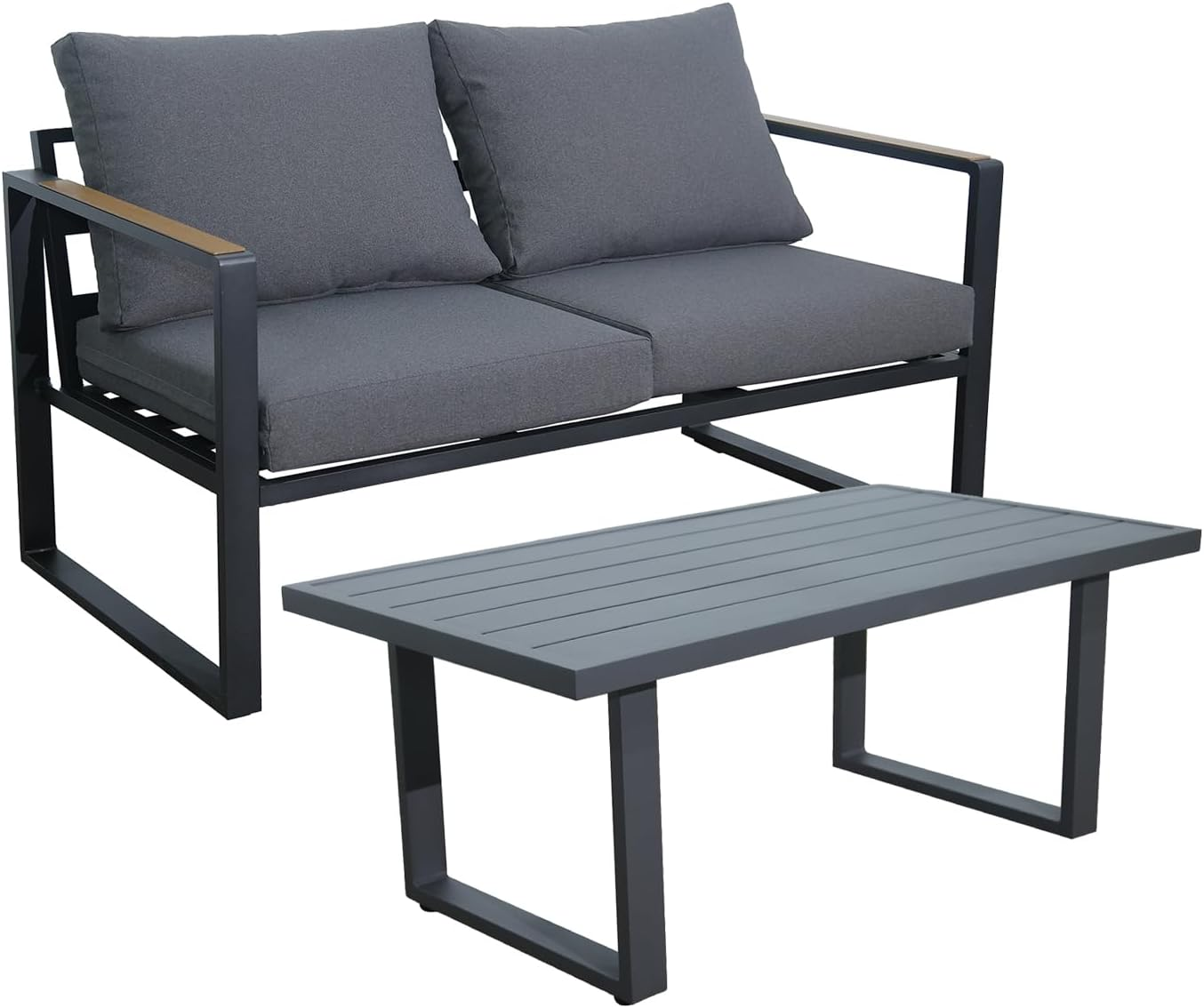 Patio Furniture Set 2 Seater Outdoor Sofa with Coffee Table, Aluminium 2 Piece Lounge Sectional Patio Conversation Sets with Washable Thick Cushion for Porch, Balcony, Garden image number 2