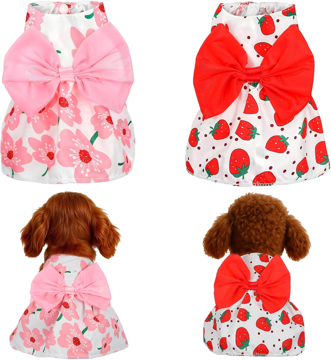 Telooco 2 Pcs Puppy Clothes for Small Dogs Girl Summer Bow Clothes for Dogs Printed Strawberry Small Dog Dresses for Chihuahua, Yorkshire Terrier Puppy and Kittens(Pink, Red) image number 1