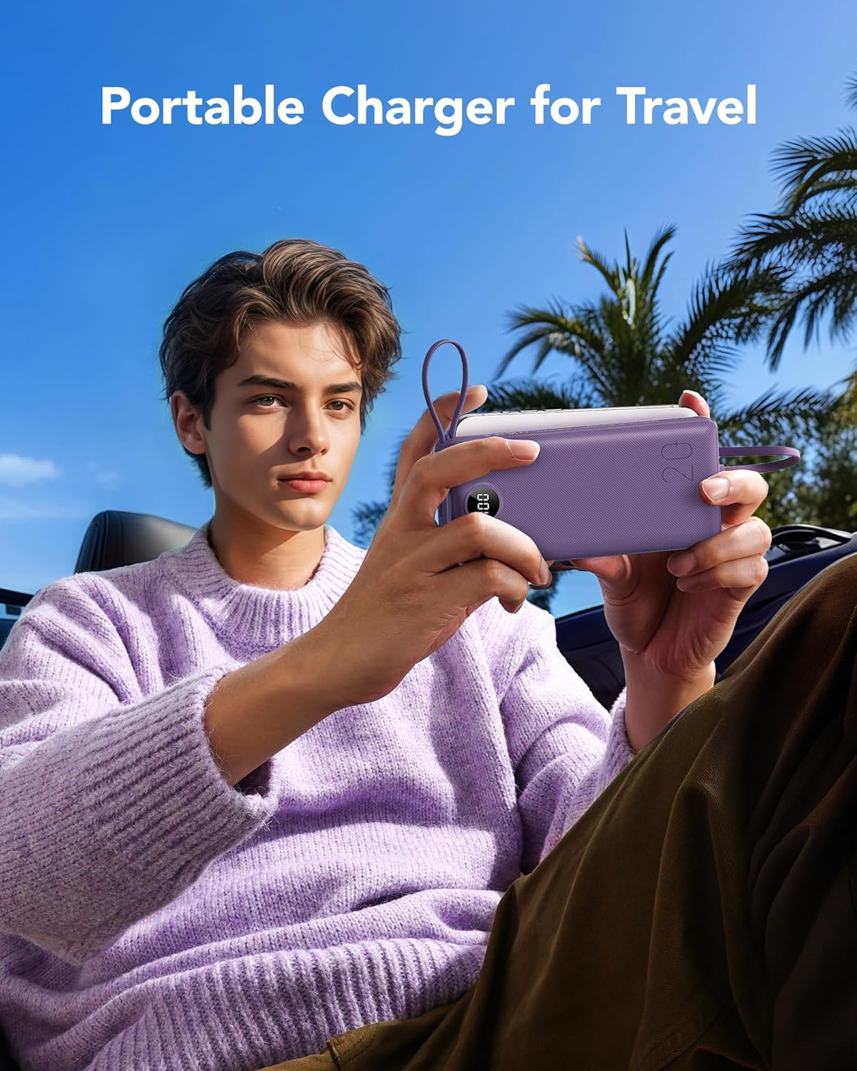 Portable Charger 20000Mah, Fast Charging Battery Pack 22.5W USB C, VRURC Phone Power Bank with 4 Built-In Cables, 4 Output 2 Input LED Display Compatible with Iphone Samsung,Tablet,Purple image number 3