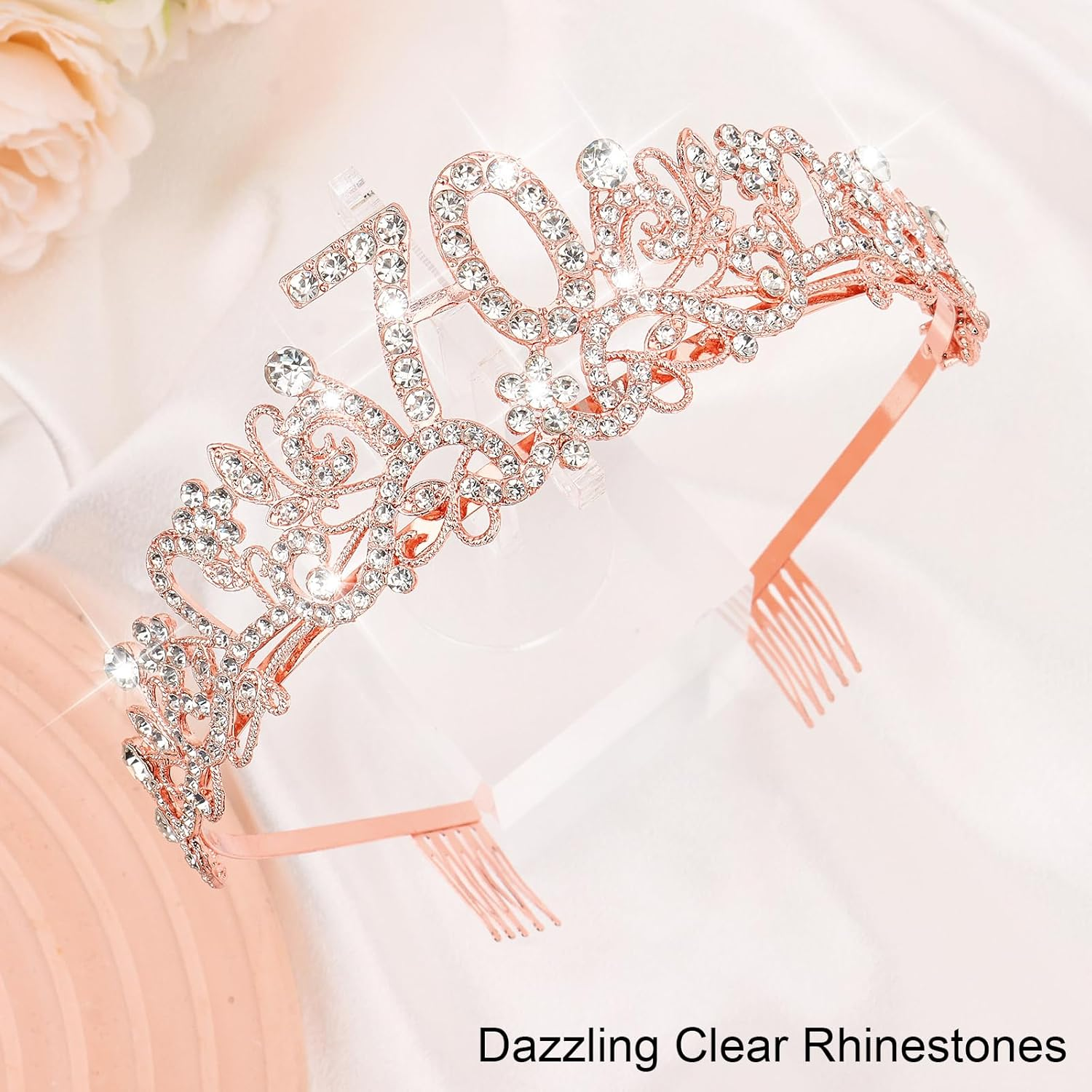 Rose Gold Birthday Tiara and Sash Set - Elegant Floral Rhinestone & Alloy 70Th Crown Headband with Comb & Soft Glitter Fabric Sash, Women'S Party Hair Accessories for 70Th Birthday