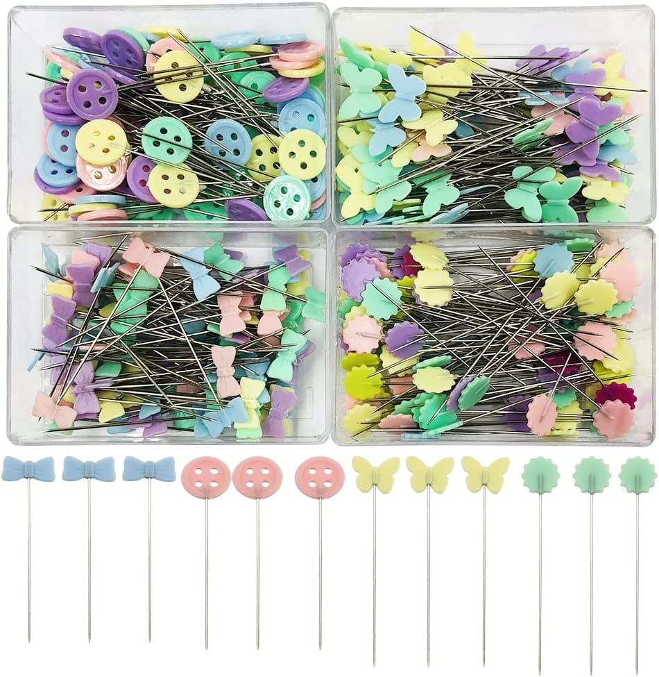Findtop 400 Pcs Sewing Pins Flat Head Straight Pins, Bow Shape, Tooth Shape, Button, Bow Shape, Used for Manual Sewing, Patchwork Fixing and DIY Decoration image number 2