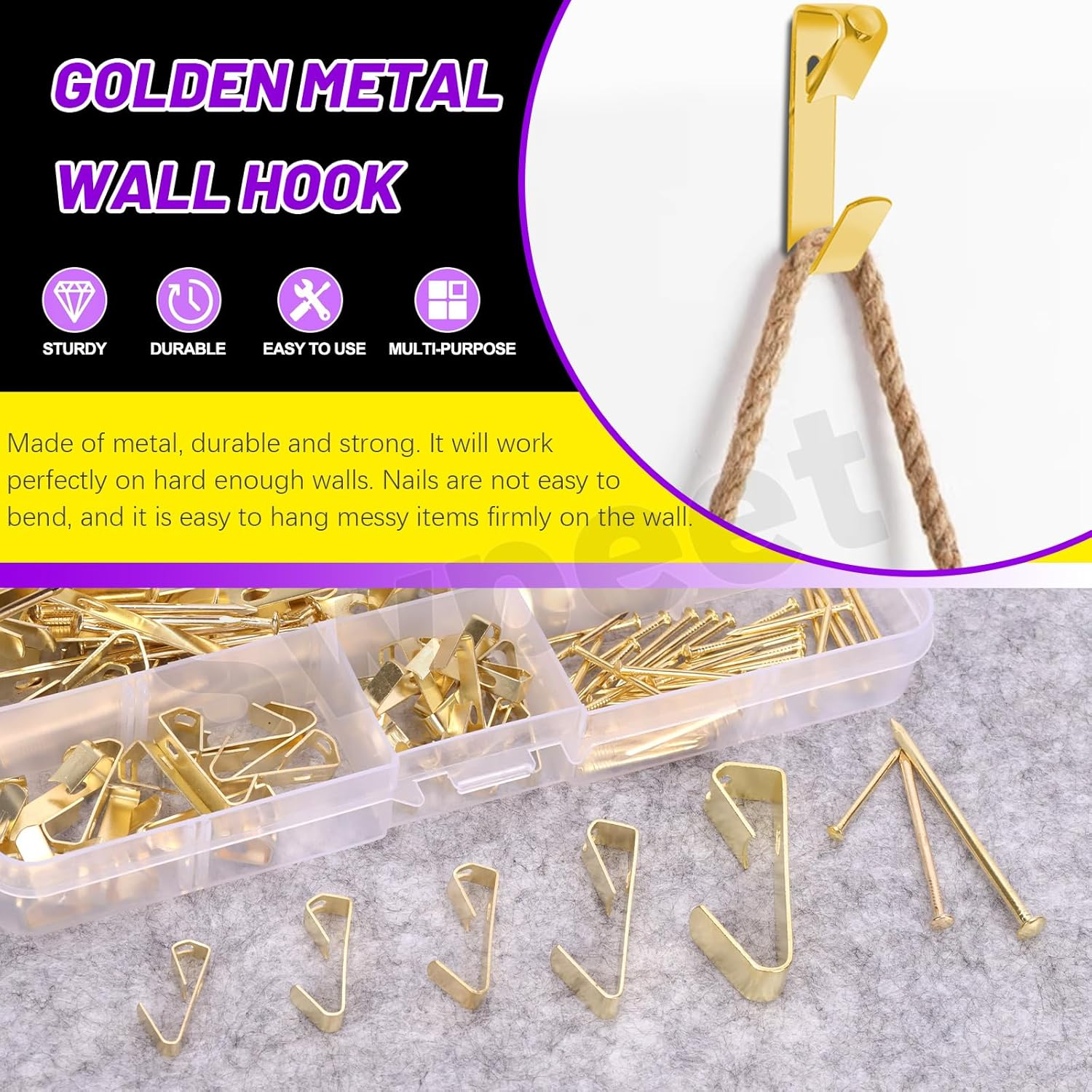 Swpeet 75Pcs 5 Sizes 10Lb/20Lb/30Lb/50Lb/100Lb Golden Picture Hangers with Nails Assortment Kit, Metal Picture Hanging Hooks, Heavy Duty Frame Picture Hooks, Picture Hanging Hardware for Drywall - Golden image number 5