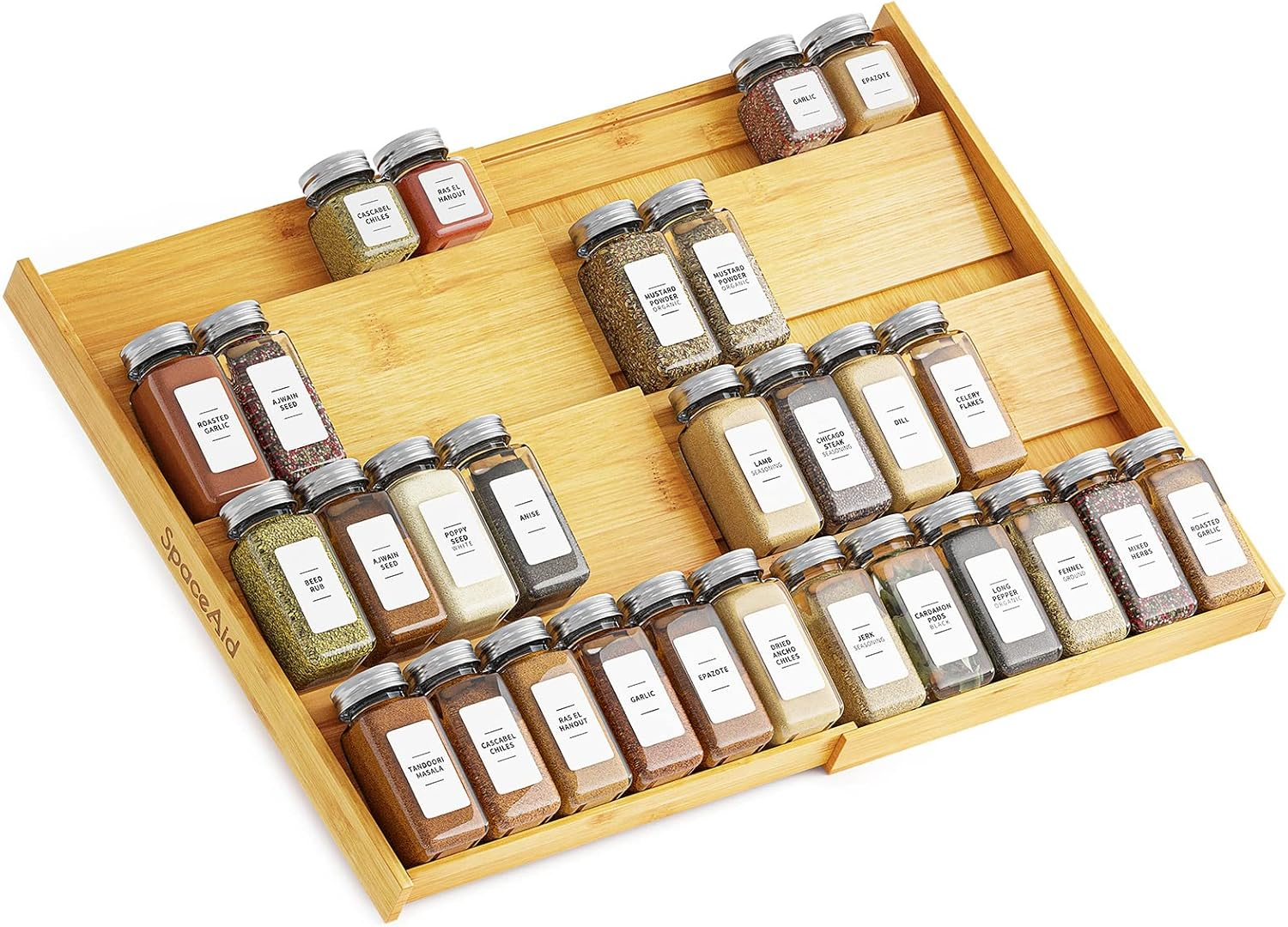 Spaceaid Bamboo Spice Drawer Organizer, (Need 3" Deep Drawer) Expandable 4 Tier Spices Rack for Cabinet, Kitchen Seasoning Storage Insert (Jars Not Included, from 12" to 23" Wide)