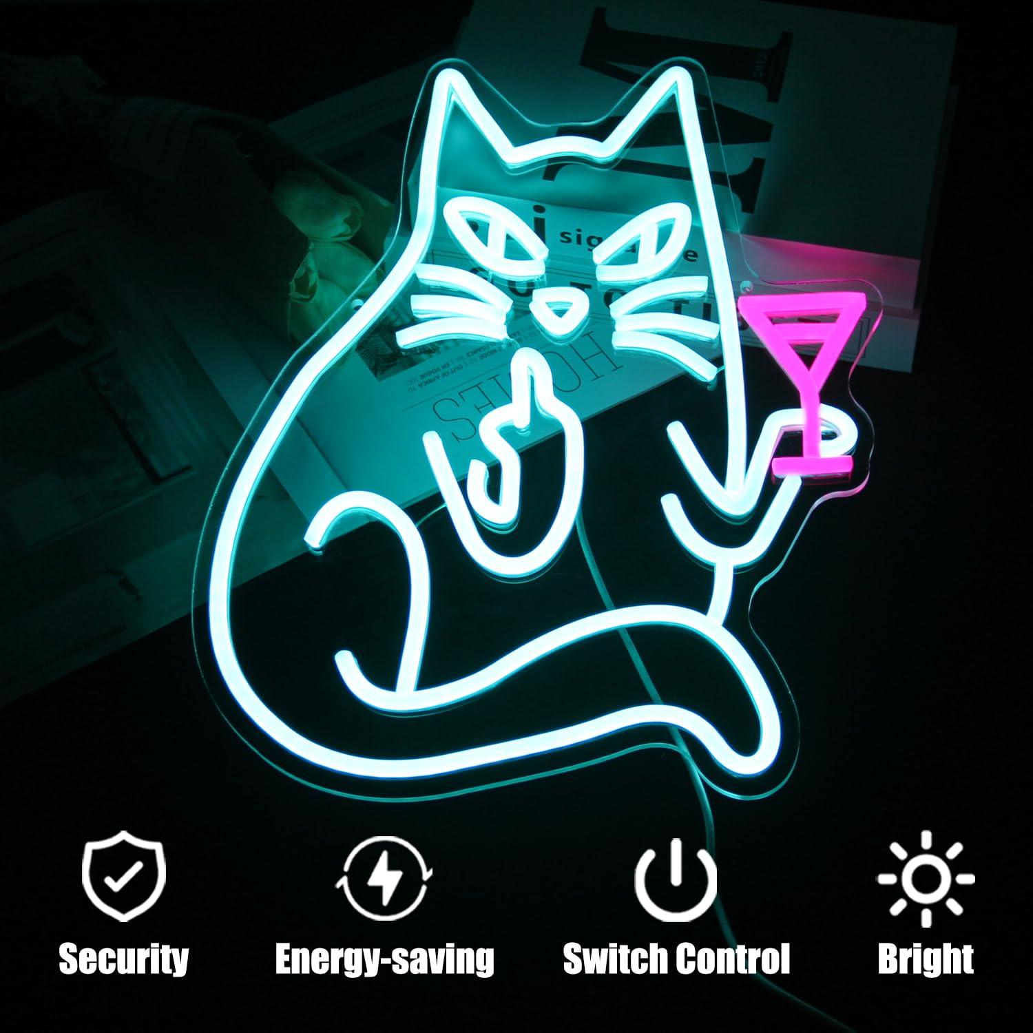CKTBLEY Cat Drink Wine Neon Sign Funny Animal Bar Neon Signs for Wall Decor Cool Cat Neon Light Blue Pink Acrylic LED Neon Lights Signs for Bedroom Bar Man Cave Game Room Party Decor - Blue Pink image number 2