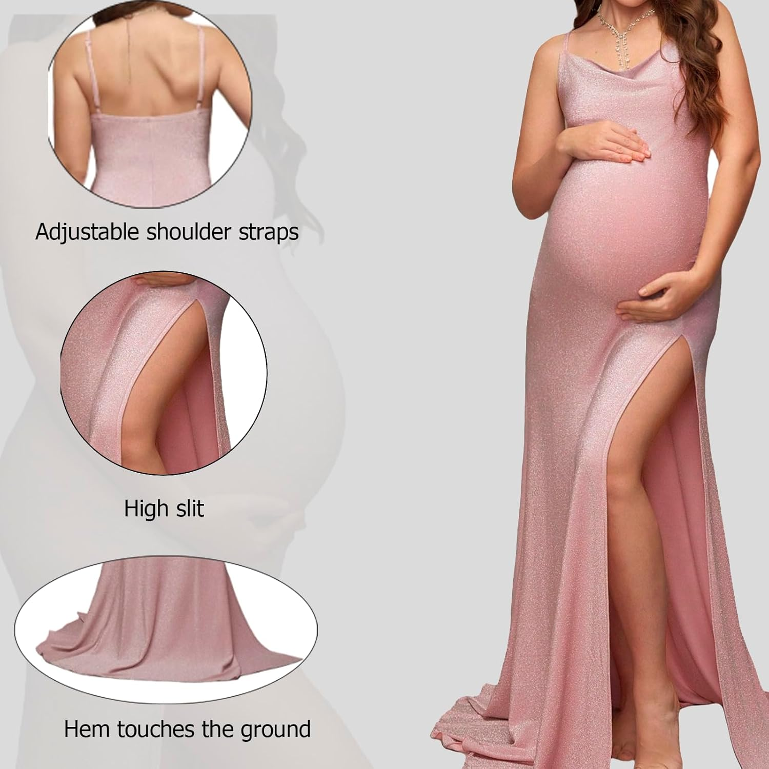 Pink Maternity Off-Shoulder Evening Gown with Thigh Slit - Floor-Length Curve-Hugging Maxi Dress image number 1