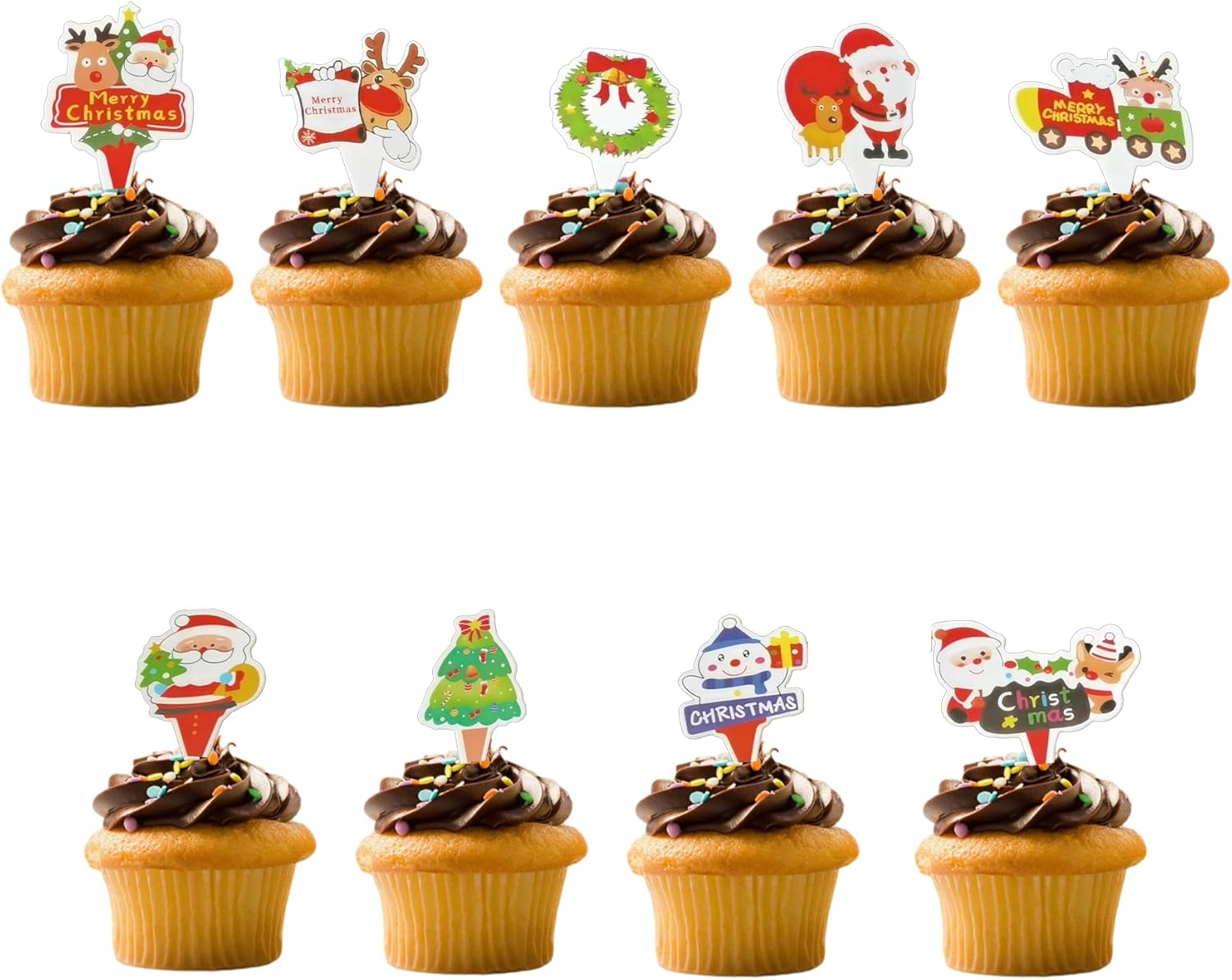 70PCS Christmas Cupcake Toppers Santa Claus Reindeer Snowman Cake Topper DIY Cake Insert Topper Christmas Toothpick Flags Cake Decorations for Christmas Party Holiday Supplies (B)