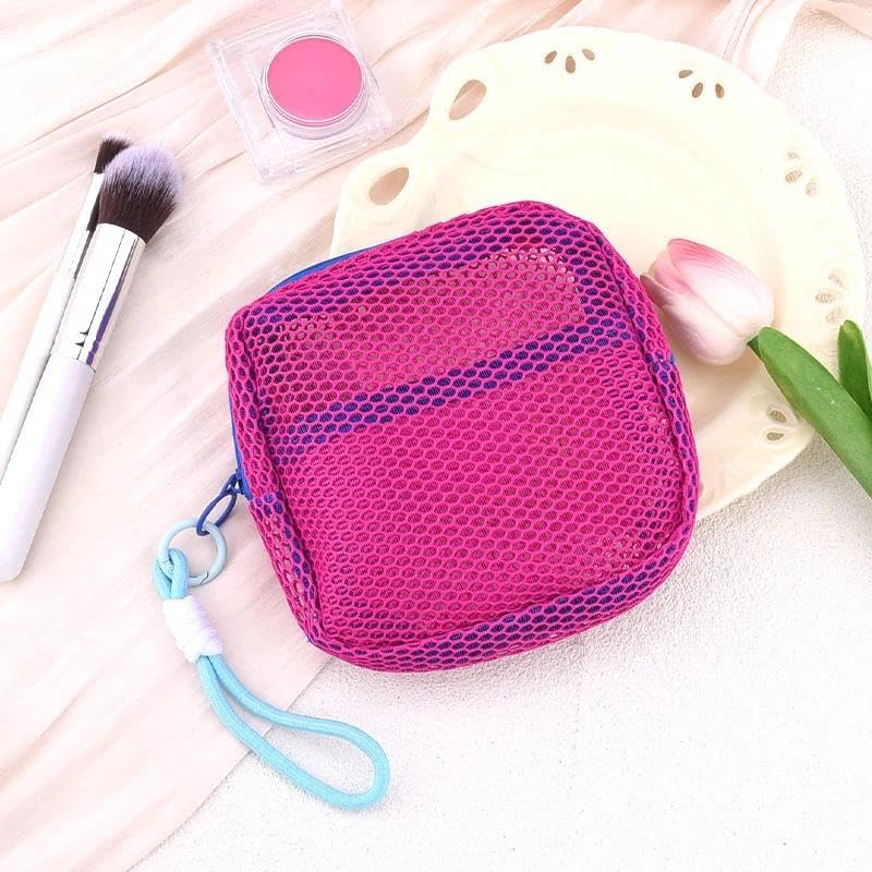 Portable Cosmetic Organizer Storage Mesh Makeup Bags Portable Coins Credit Cards Case Travel Lipstick Skincare Pouch Daily Small Objects Jewelry Pouches with Strap, Hot Pink image number 5