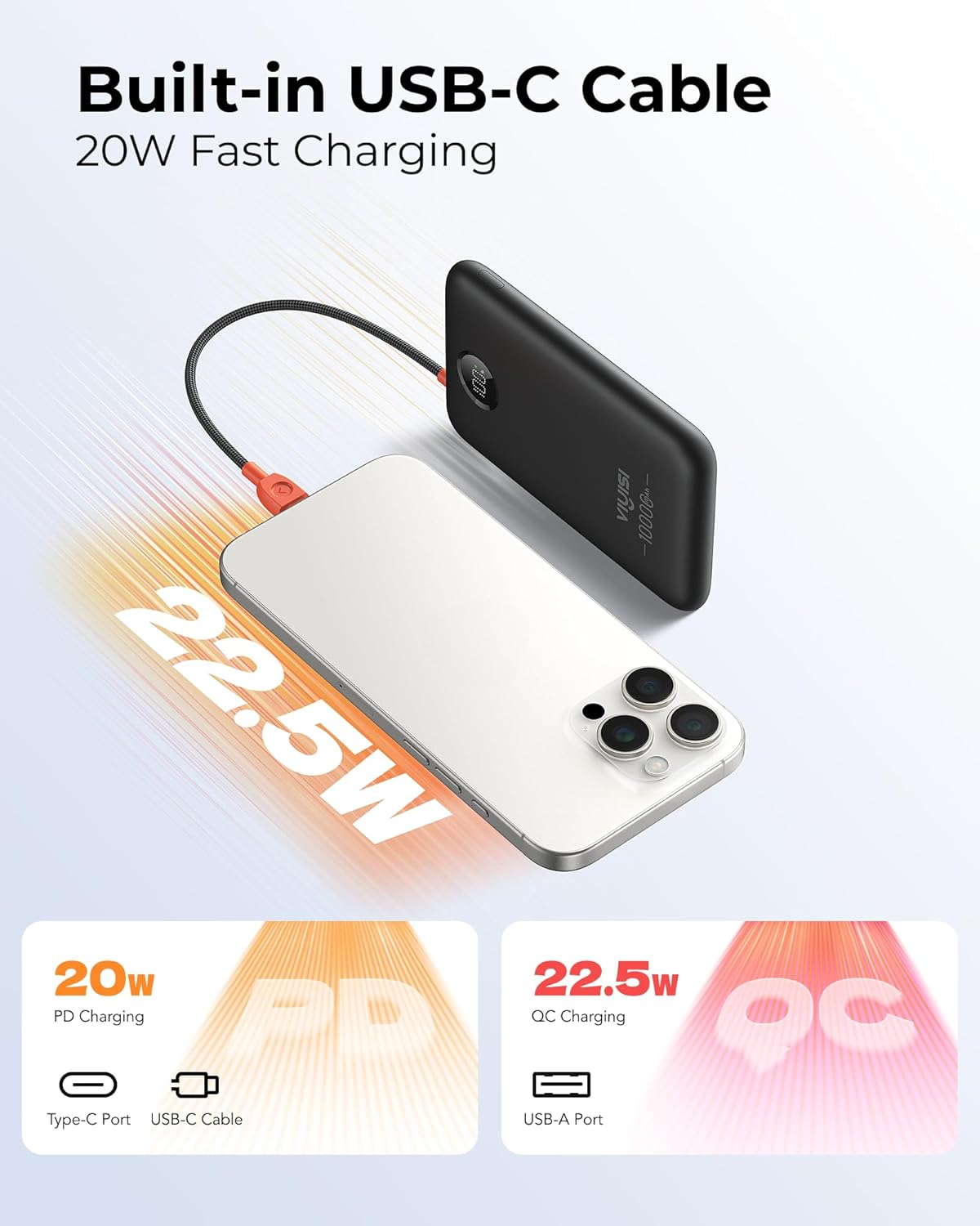 VIYISI 10000 Mah Power Bank Ultra Slim 22.5W Portable Charger Fast Charging with Built-In Type-C Cable Compatible with Iphone 16 15 Samsung S24 S23 S22 - Black