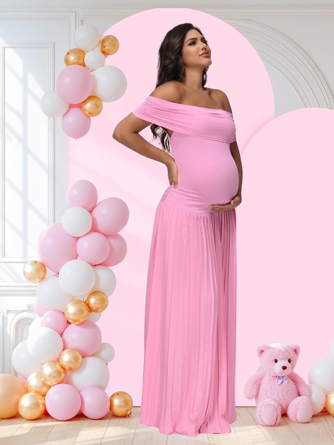 Justvh Women'S Maternity off Shoulder Baby Shower Dress Party Paneled Ruched Hem Maxi Photography Gown for Photoshoot image number 4