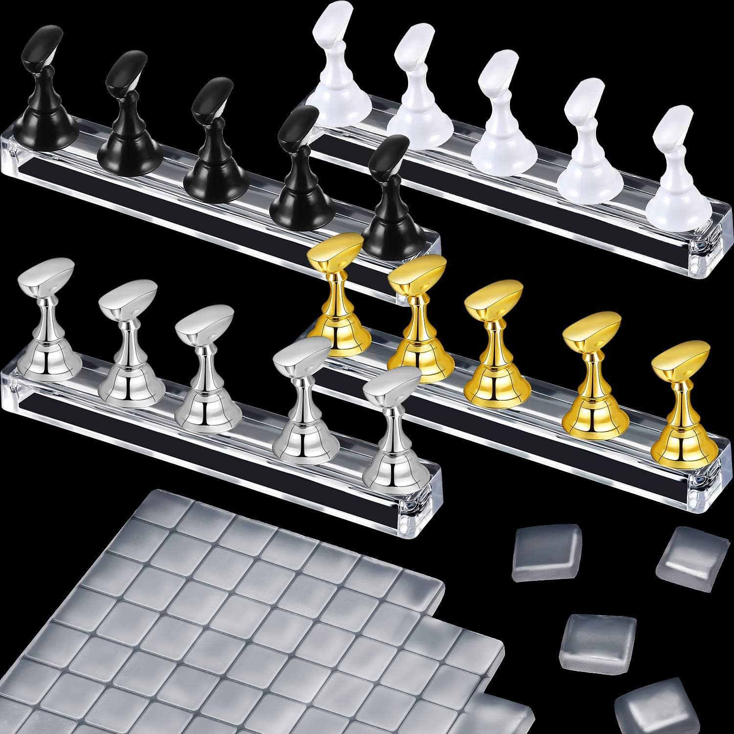 4 Set Nail Tips Holders Magnetic Acrylic Nail Practice Stands Fingernail Display Stands Manicure Training Holder and 126 Pieces Clear Reusable Sticky Clay Adhesive Putty (Gold, Silver, Black, White) image number 3