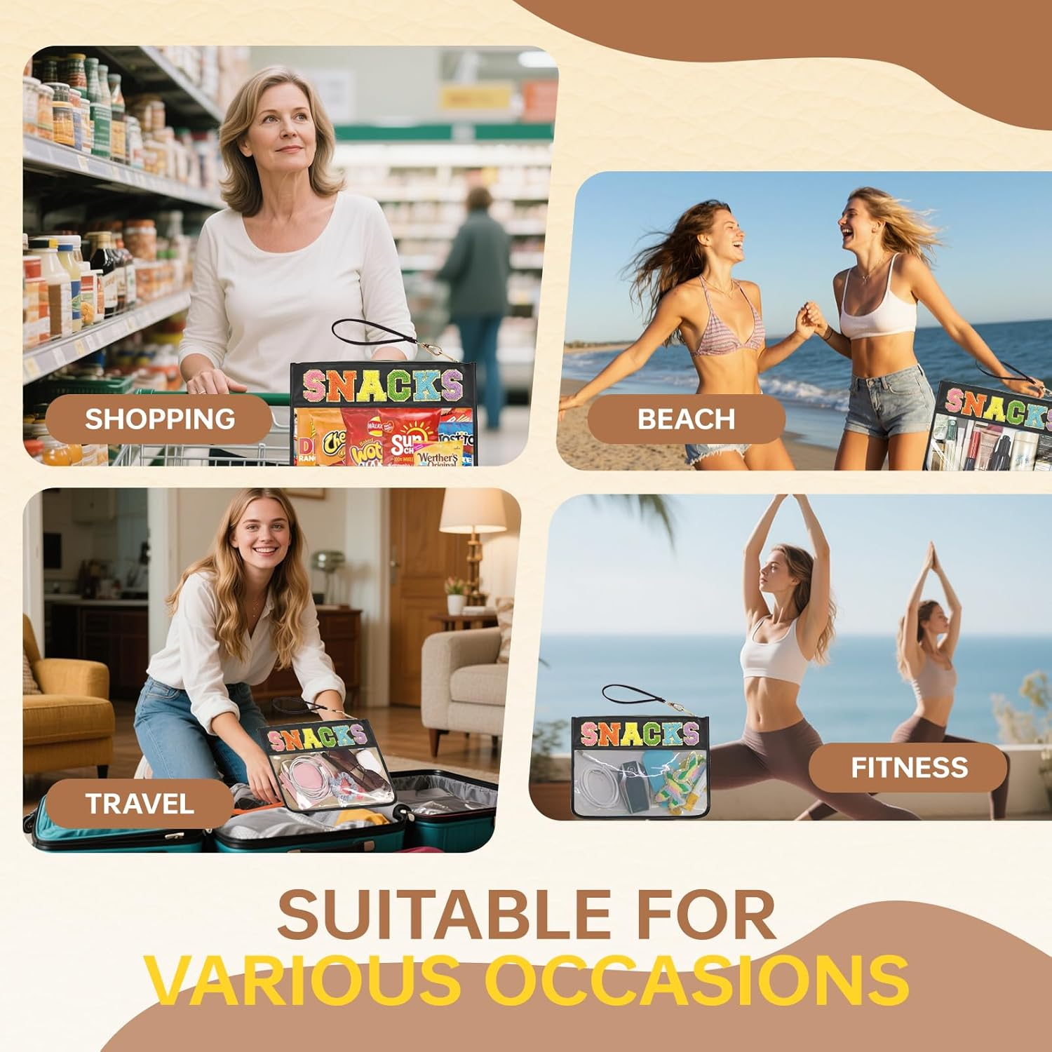 Burskit Snacks Bag Clear Chenille Varsity Letter Zipper Pouch Travel Makeup Bag Aesthetic Storage Organizer Pouches for Women with Glitter Patch Letters (Black-Snacks) - Bl-Beach image number 7