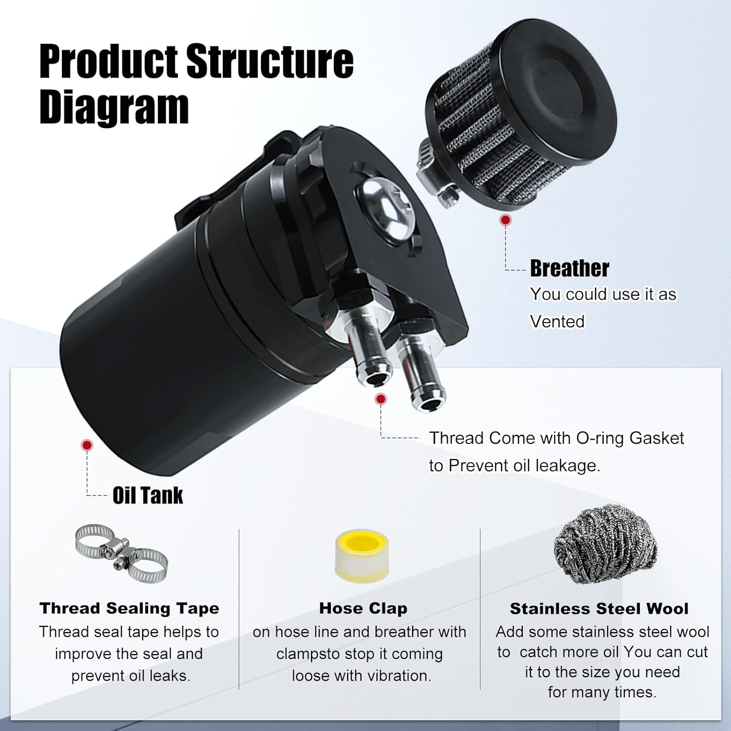 RYANSTAR RACING Universal Oil Catch Can Kit,Air Oil Separator, 350Ml Oil Catch Can Tank,With Breather Filter Black+Red image number 4