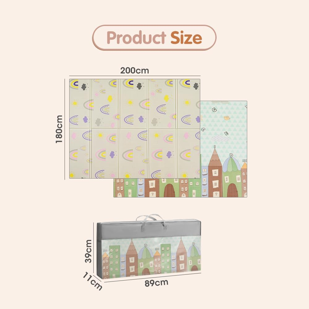 Playpals 200&times;180CM Foldable Baby Play Mat, Double-Sided Waterproof Playmat for Babies, Toddlers & Infants, Reversible Baby Mat with Travel Bag, Indoor and Outdoor Use, Rainbow+Tall Buildings - Rainbow Stripes image number 4