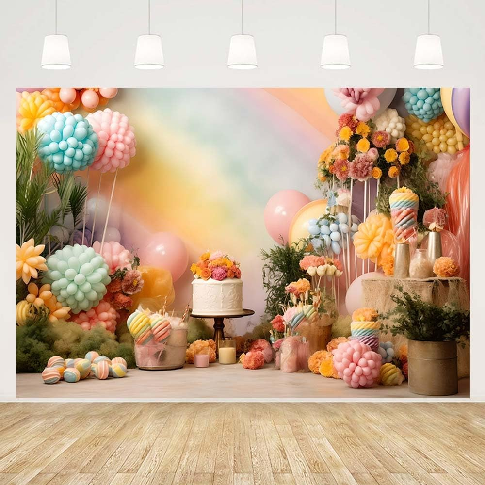 MEHOFOND 7X5Ft Girls Birthday Backdrop for Photography Candy Bar Balloon Floral Dessert Background Kids Portrait Cake Crush Birthday Party Decoration Banner Studio Supplies