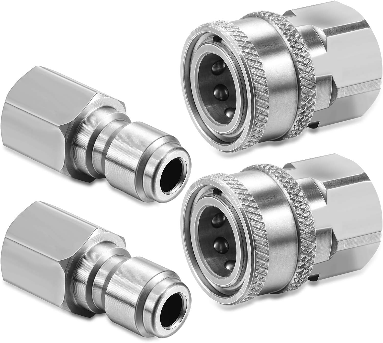 2 Sets Hotop NPT 3/8 Inch Stainless Steel Male and Female Quick Connector Kit Pressure Washer Adapters (Internal Thread)